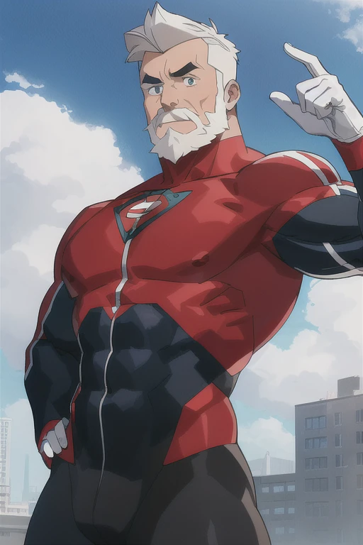 Invincible, masterpiece, best quality, facial hair, male focus, 1boy, muscular, mustache, bodysuit, solo, muscular male, superhero, black hair, multicolored hair, bara, short hair, upper body, crossed arms, two-tone hair, mature male, sky, pectorals, red bodysuit, blue eyes, white bodysuit, old, white hair, undercut, outdoors, large pectorals, day, old man, cloud, red gloves, thick eyebrows, gloves, sideburns, looking at viewer, building, beard