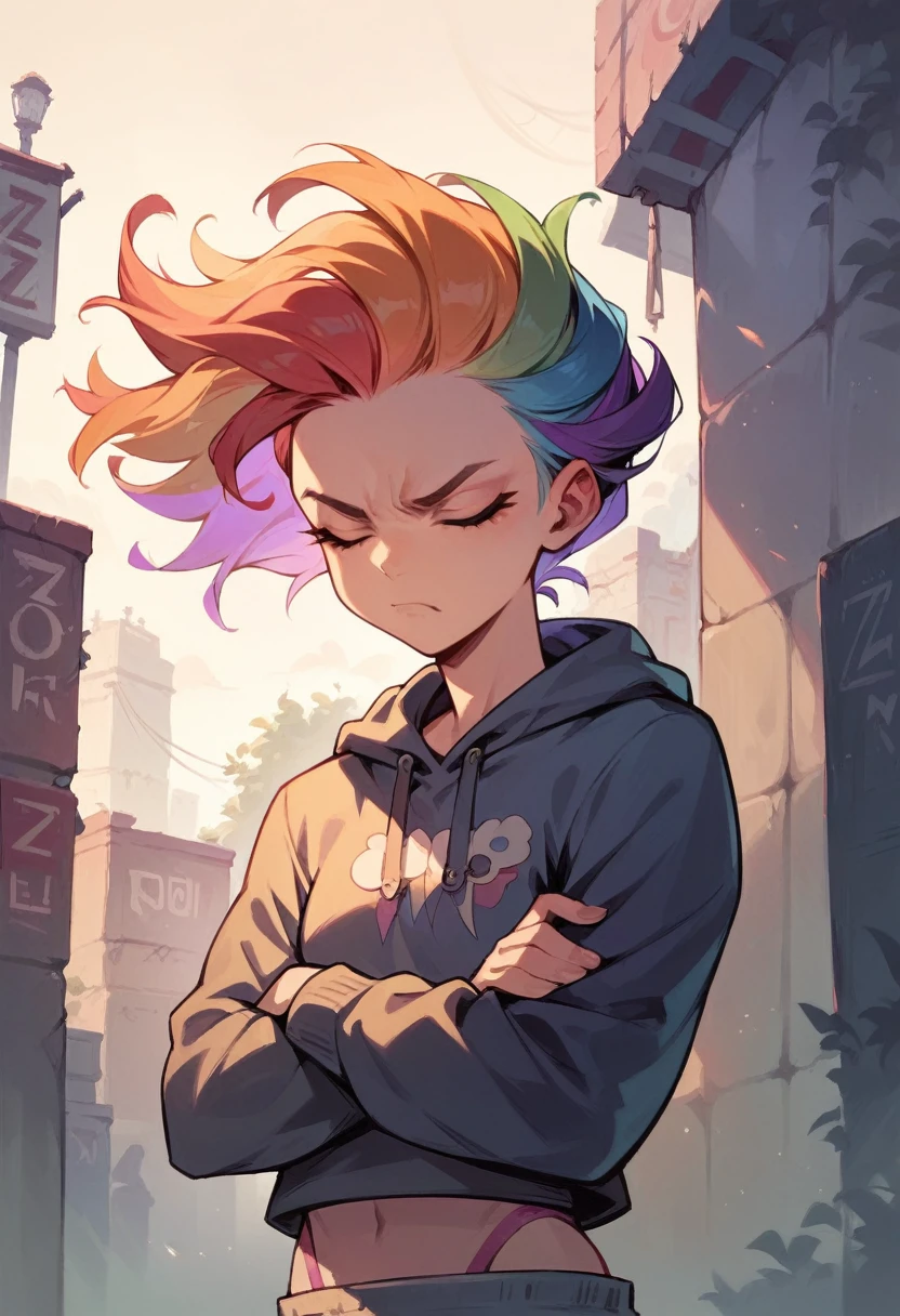 absurdres, highres, ultra detailed,zoe, rainbow colored hair, outdoor, A gram, crossed arms, underneath, head turned to the side, closed eyes, angry facial expression