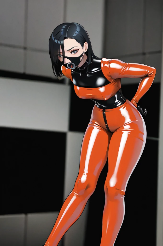 Beautiful woman wearing orange latex jumpsuit, black latex gloves, black corset, plug gag, Anatomically Correct, no extra limbs