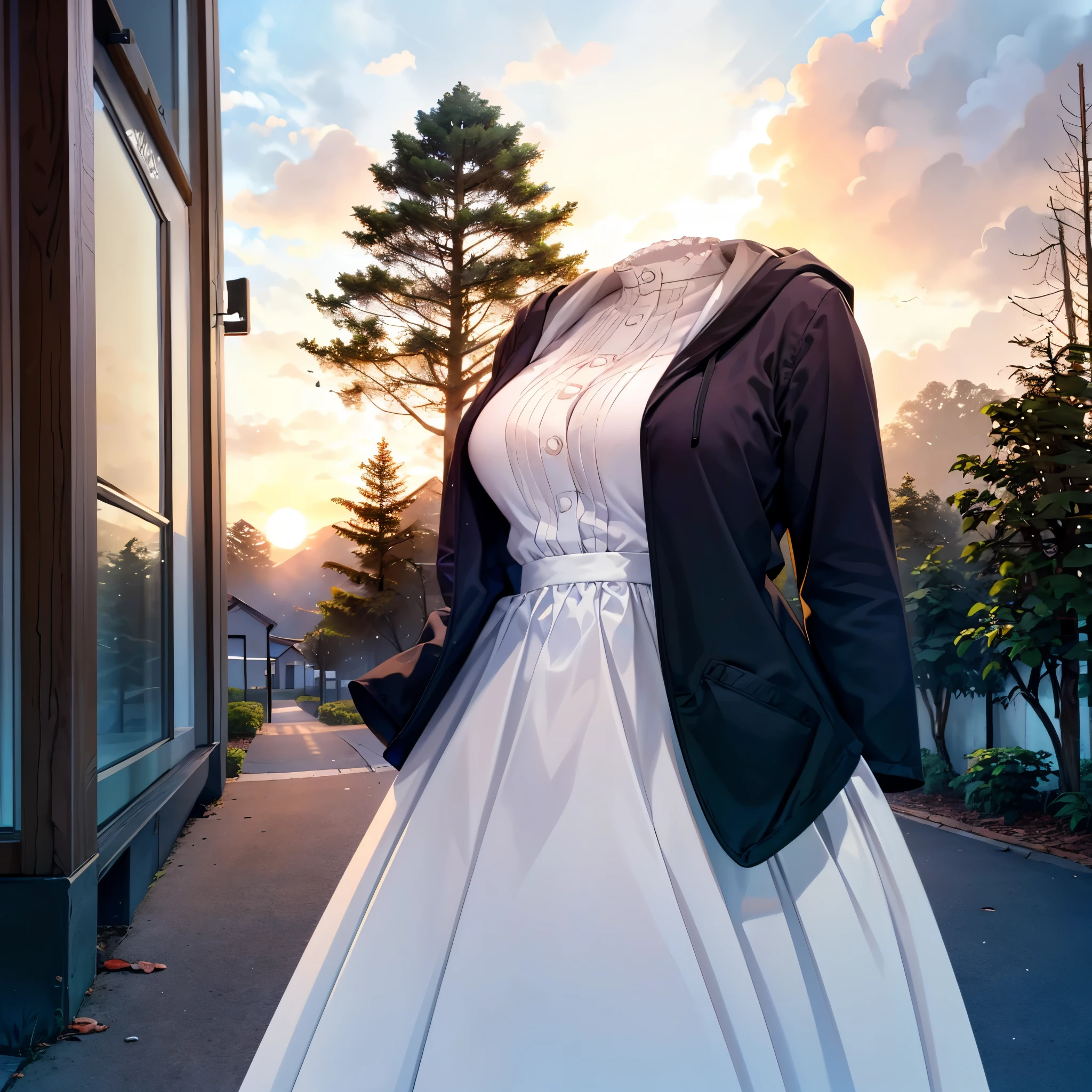 1girl, (invisible:1.5, no humans:1.5, headless:1.5, faceless:1.5), aafern, large breasts, long dress, white dress, black robe, long sleeves, (close-up shot of breasts), (8k, RAW photo, best quality, masterpiece:1.2), (realistic, photo-realistic:1.37), photon mapping, radiosity, ((Hasselblad photography)), physically-based rendering, leaning forward, in forest, beautiful sunset