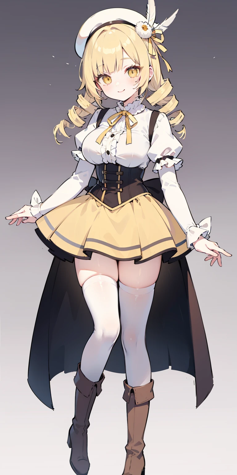 1girl,mami tomoe, blonde hair, drill hair, twin drills, yellow eyes, boots, brown footwear, brown gloves, corset, detached sleeves, fingerless gloves, gloves, hat, juliet sleeves, knee boots, long sleeves, magical girl, puffy sleeves, skirt, striped, striped thighhighs, thighhighs, thighs, vertical stripes, vertical-striped thighhighs, yellow skirt ,white underwear ,looking at viewer,(sweat:1.1),(drooling:1.5)(city:1.0)(big breasts;1.4) BDSM,(SM Training:1.3) thigh strap,(defiant look:1.3)  (restrained:1.3)
