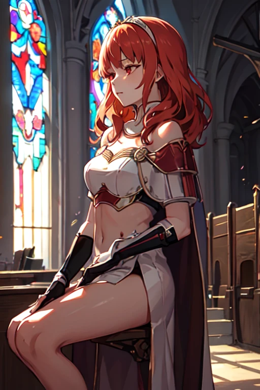 celica fe, red eyes, cape, armor, dress, bare shoulders, thighighs, tiara, gloves, pelvic curtain, backlit, church, indoors, sitting down, from side, closed eyes, head down, silhouette