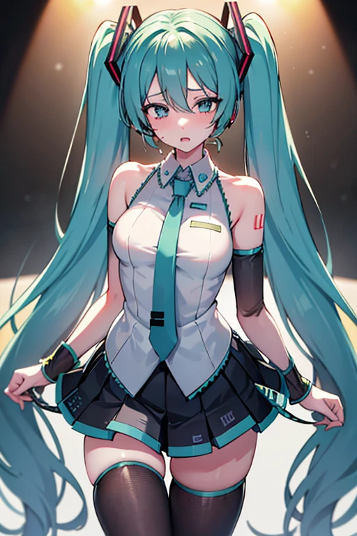 Hatsune Miku in the dressing room after a live performance, her eyes blurred from heatstroke