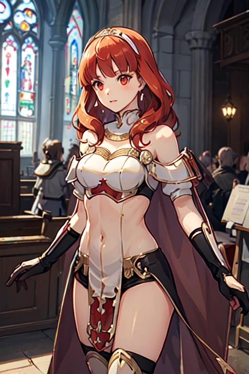 celica fe, red eyes, cape, armor, dress, bare shoulders, thighighs, tiara, gloves, pelvic curtain, backlit, church, indoors