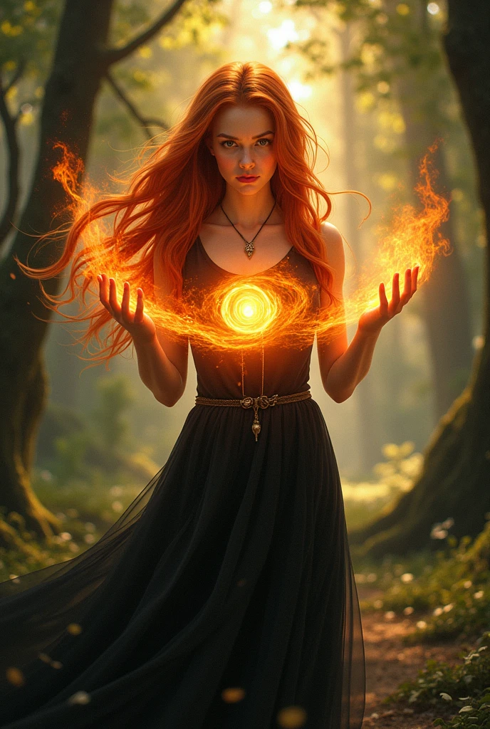 young redhead haired young woman 16 yo in black dress holding a glowing ball of fire, evil fire sorceress in the woods, casting fire spell, the sorceress casting a fireball, casting a fire spell, witch fairytale, female mage conjuring a spell, casting a flame spell, she has fire powers, witch burning, casting a powerful spell, fire spell, casting a protection spell,fotorealistic ,