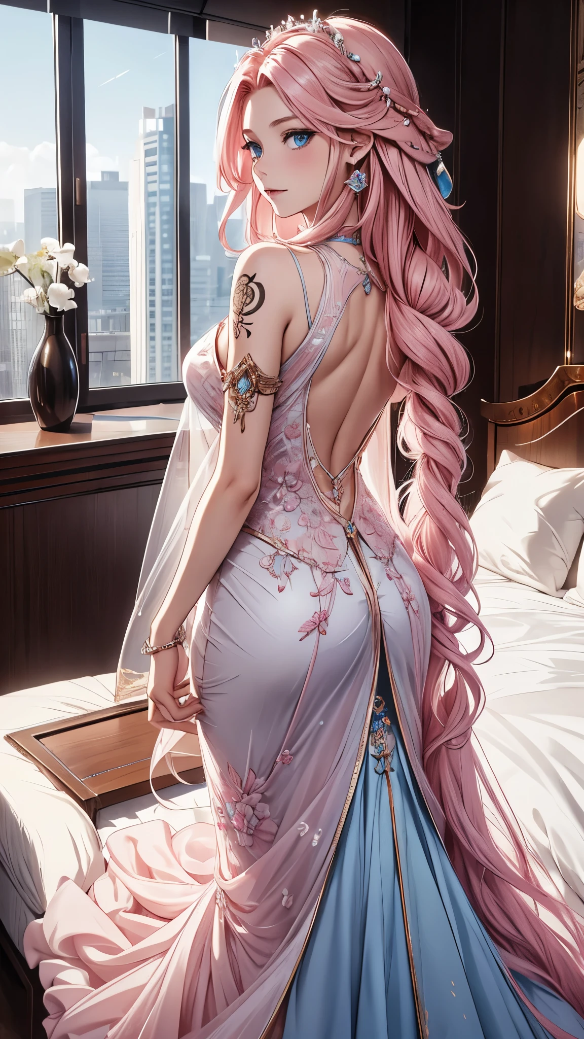 Wear a modern transparent dress that is elegant and noble，Intricately Designed Outfit，Beautifully dressed，Pink Long Wavy Hair，Modern Goddess，Light blue eyes，Sophisticated Modern Clothing，Looking back，tattoo back，night，She appeared in a bedroom of a luxury hotel，Seductive pose，8K，high resolution，yae miko