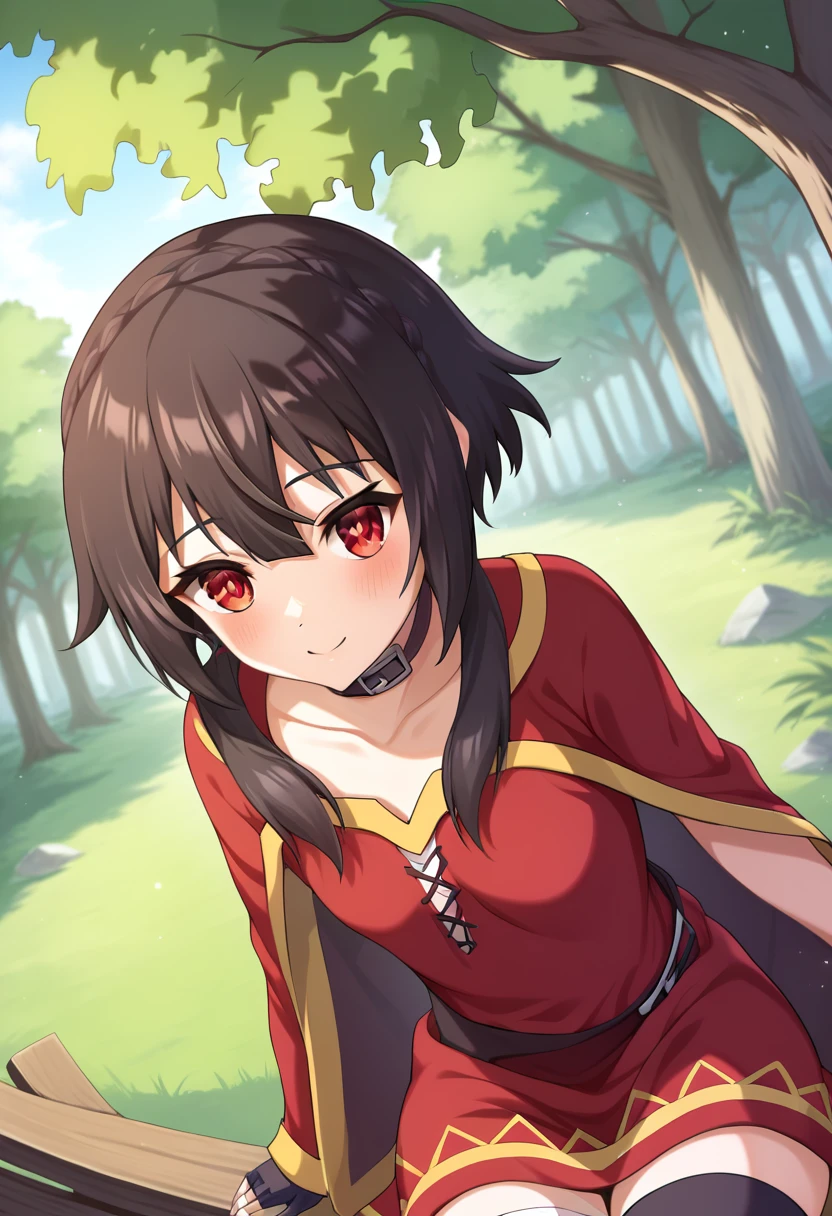 (masterpiece), (Best quality), (Very detailed), (high resolution), (8Khighres), (cel anime), (detailed beautiful face and eyes), (textile shading), (cowboy shot), (forest), 1girl, megumin, short hair, black hair, red eyes, side locks, long locks, thighhighs, gloves, hat,red dress, black gloves, belt, black thighhighs, fingerless gloves, cape, collar, witch hat, bandages, red dress, single thighhigh, asymmetrical legwear, bandaged leg, small breasts, beautiful breasts, happy, smile, sitting, wariza, from side, (from above:1.3) ,,