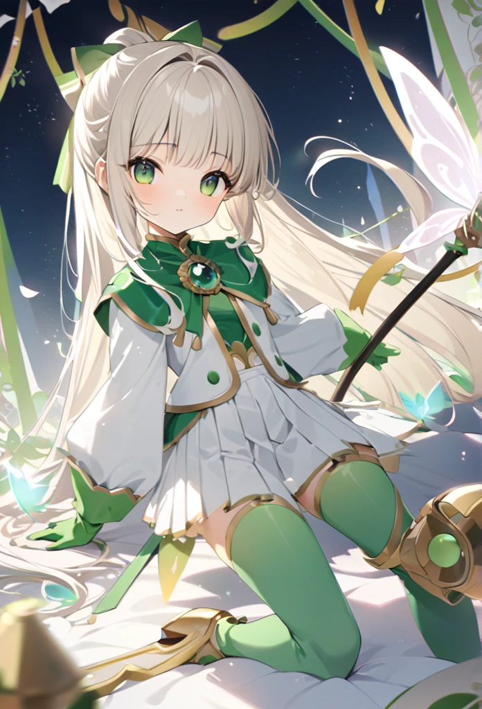 Please redeem、Unity 8K Wallpapers、32K、masterpiece、Very detailed、Ultra-high resolution、Very detailedな顔、RAW Photos、professional、Ultra-fine painting、Magical Fairy Swordsman Leafa、Blonde Long Hair、White hair ribbon、green eyes、Green magical girl costume、Blonde ponytail、White hair ribbon、Yellow ribbon with a large emerald brooch、White pleated skirt with green lines、Green and yellow long gloves、Green thigh-high stiletto heel boots with gold molding、