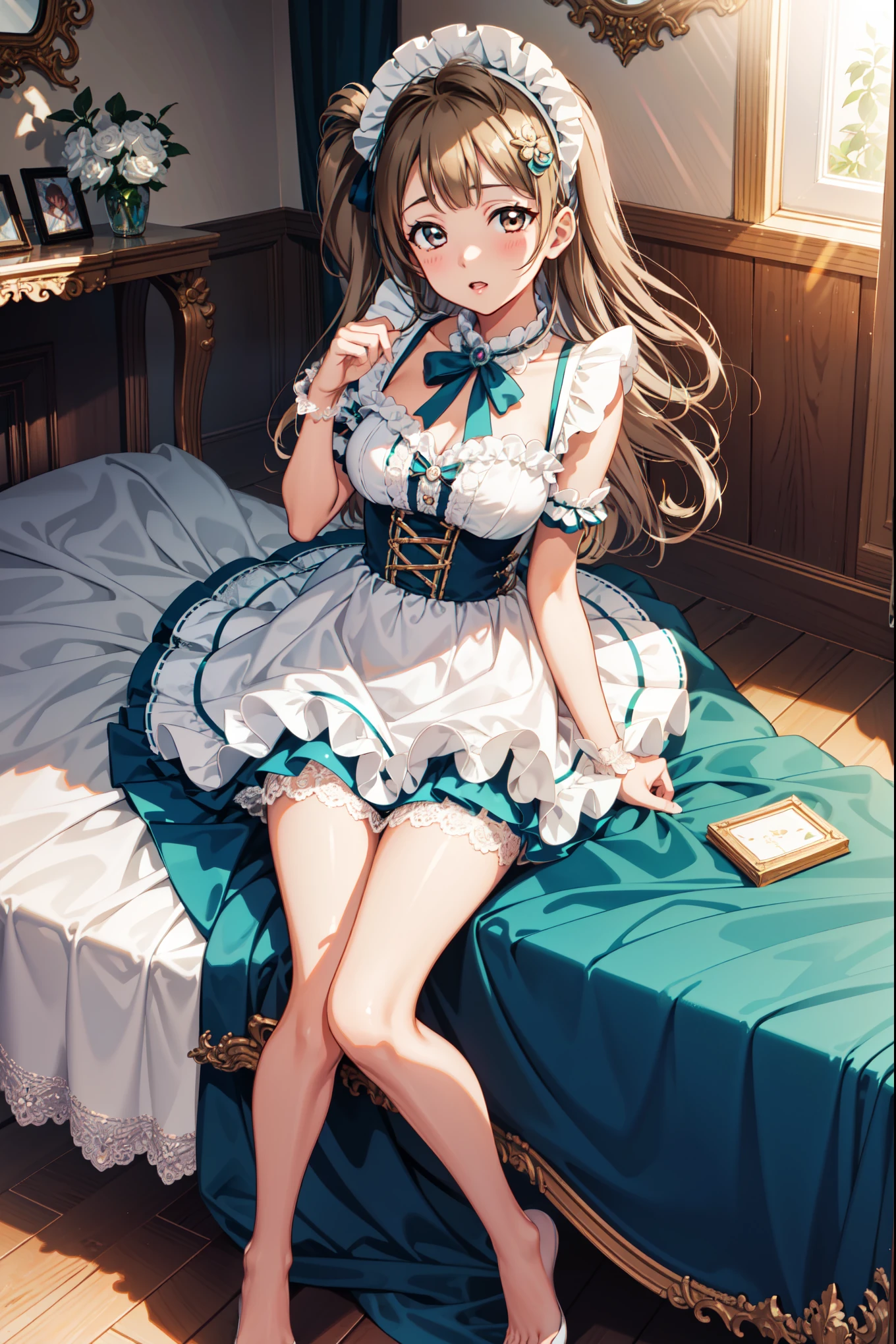 Minami Kotori, One side up,Headdress，High-quality, high-resolution masterpieces, Unity 8k wallpaper, illustration, Delicate eyes, Rich facial details, Highly detailed CG, Glossy lips, Light makeup,Lace，Transparent fabric，Transparent Clothes，Japanese maid costume，Playing with dolls in the bedroom