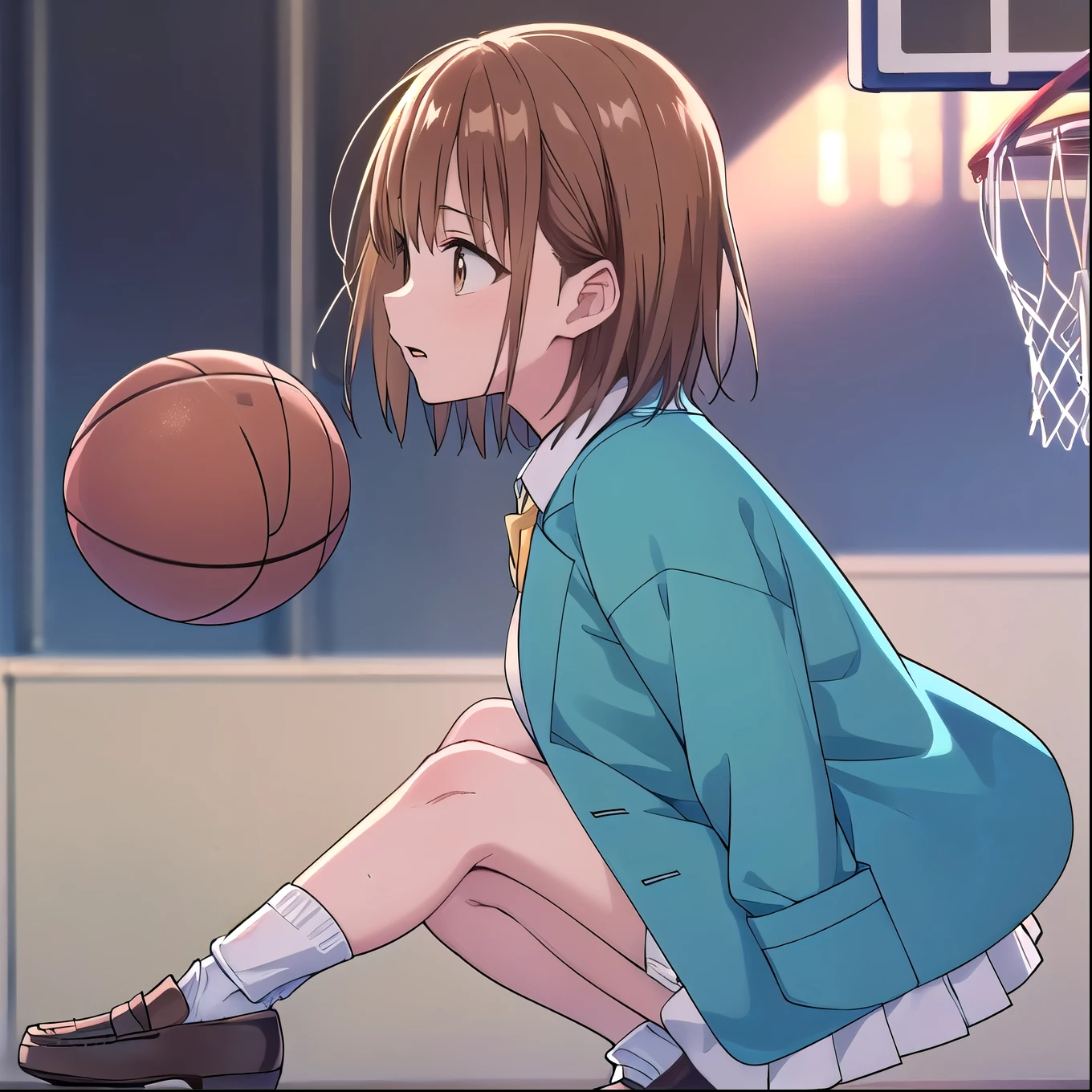 (((Full Body Shot))),(masterpiece:1.2), Best Quality,((((High resolution)))), unity 8k wallpaper, (shape:0.8), ((((Highly detailed face)))), Perfect lighting, (((Extremely detailed CG))), One girl, bangs,(((Light blue jacket))), Brown eyes, Brown Hair, , short hair, Alone,Open your mouth,((White socks)),((((Brown Loafers)))), (((Blue Skirt))),(((Upper body naked))),(((Open your jacket))),(((White panties))),(Big Breasts),(No bra),((Hide your chest)),(((((Basketball goal on the left))))),(((Jump High))), (((Depicting the dunking scene))),((((Throw the ball into the basket))),((From the side)),(((profile)))