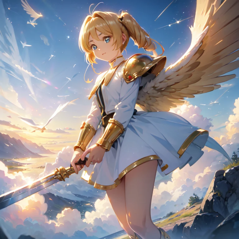 (((8k,masterpiece,Best Quality))), Highly detailed CG composition，Maxi Kit, whole body, Wide Shot,break、(((Cute angel flying in the blue sky))), Fantasy, Big angel wings, ,(blonde:1.6)，眩しいハイライトが入ったblondeの髪、Shiny bright hair, ,Long Hair,,Twin tails、Detailed face，Attractive big blue eyes，Shining beautiful eyes，Charming smile，Beautiful Skin，Lens Flare,Girl with angel wings and sword, Angel Knight Girl,Beautiful angel witch, Highly detailed ArtGerm, Detailed digital 3D art（（Ultra-realistic, Vivid 3D））， Dragon Warrior Girl，Dynamic action poses for battle scenes， Extremely complex and heavy fighter aircraft mechanical armament，Vice President of Lunes,, Single Armor, Decorative blue armor, Armor Dress, （Winged Helmet）, Shoulder rest, Gauntlet, Shin guards,（Wields a giant turquoise energy sword:1.3),Very dramatic and cinematic lighting。Beautifully detailed background, Beautifully detailed background, (In the blue sky above the clouds 1.3), ((Two big, Shining Wings:1.3),(flight:1.5)