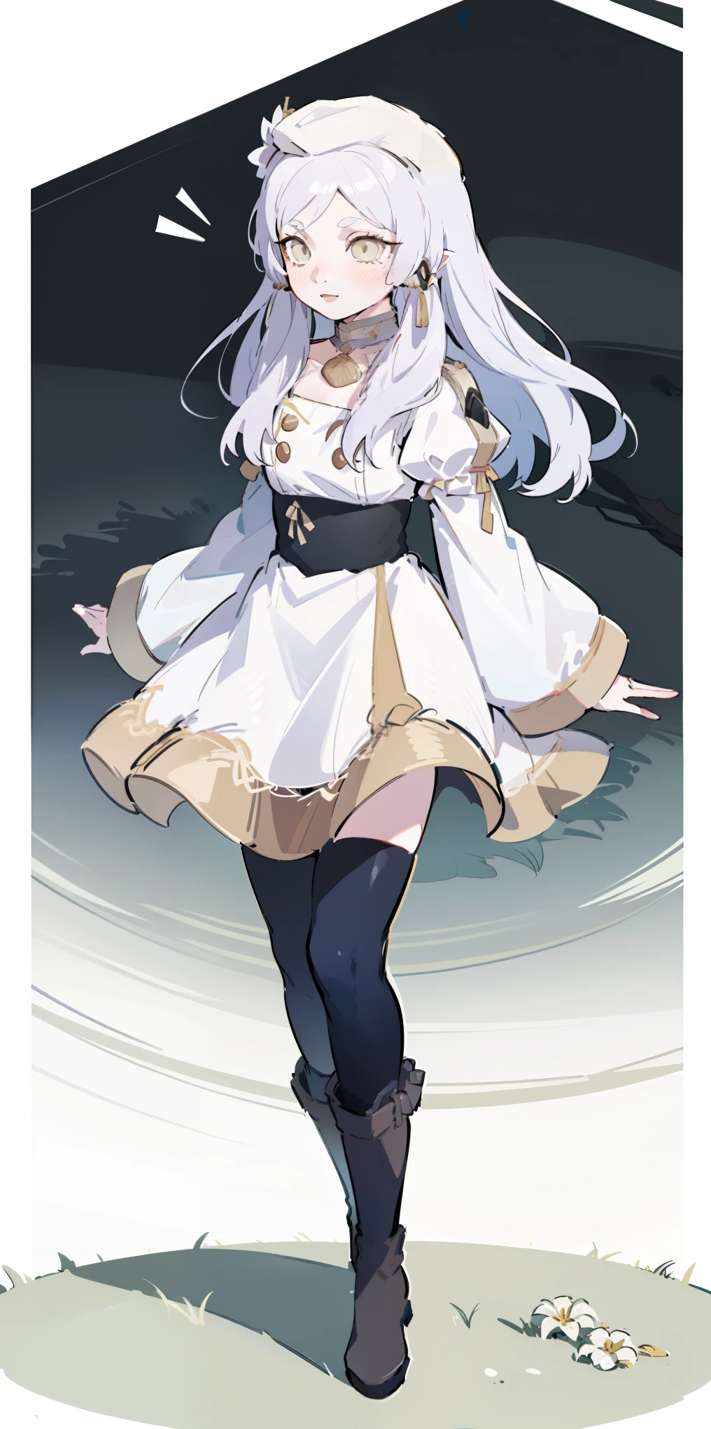 MamiAi, tomoe mami, yellow eyes, blonde hair, drill hair, twin drills, shiny, shiny hair, breasts, blush, smile, bangs, large breasts, magical girl, neck ribbon, hair ornament, ribbon, yellow ribbon, hairpin, skirt, shirt, thigh highs, long sleeves, hat, short sleeves, pleated skirt, boots, detached sleeves, striped, puffy sleeves, puffy short sleeves, zettai ryouiki, black headwear, beret, brown footwear, knee boots, feathers, corset, striped thigh highs, vertical stripes, high collar, brown thigh highs, yellow skirt, vertical-striped thigh highs, feguimel, soft shading, realistic proportions, absurdres, ultra detailed, masterpiece, best quality, aesthetic, detailed
