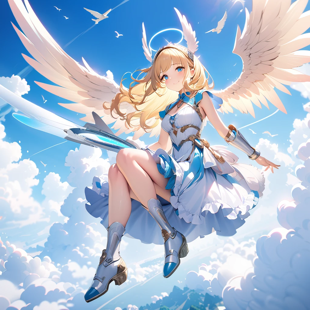 (((8k,masterpiece,Best Quality))), Highly detailed CG composition，Maxi Kit, whole body, Wide Shot,break、(((Cute angel flying in the blue sky))), Fantasy, Big angel wings, ,(blonde:1.6)，眩しいハイライトが入ったblondeの髪、Shiny bright hair, ,Long Hair,,Twin tails、Detailed face，Attractive big blue eyes，Shining beautiful eyes，Charming smile，Beautiful Skin，Lens Flare,Girl with angel wings and sword, Angel Knight Girl,Beautiful angel witch, Highly detailed ArtGerm, Detailed digital 3D art（（Ultra-realistic, Vivid 3D））， Dragon Warrior Girl，Dynamic action poses for battle scenes， Extremely complex and heavy fighter aircraft mechanical armament，Vice President of Lunes,, Single Armor, Decorative blue armor, Armor Dress, （Winged Helmet）, Shoulder rest, Gauntlet, Shin guards,（Wields a giant turquoise energy sword:1.3),Very dramatic and cinematic lighting。Beautifully detailed background, Beautifully detailed background, (In the blue sky above the clouds 1.3), ((Two big, Shining Wings:1.3),(flight:1.5)