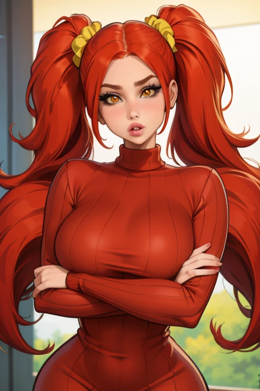 masterpiece, best quality, 1girl, solo, red hair, twintails, very long hair, yellow eyes, turtleneck, ribbed sweater, sweater dress, upper body, parted lips, lips, mature female, curvy, hair scrunchie, huge breasts, looking at viewer, house, Naughty girl smile