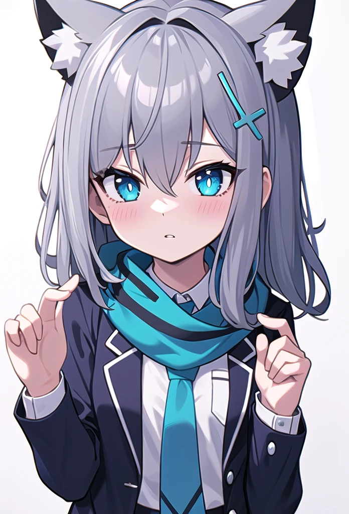 best quality, masterpiece, highres, solo, (shiroko_bluearchive:1.10), 1girl, blazer, blue necktie, blue scarf, looking at viewer, open jacket, school uniform, upper body, white shirt, black jacket, long sleeves, simple background, white background, blush, closed mouth, hair between eyes, parted lips, 9 