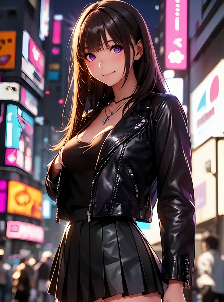 High resolution,In 8K,Best Quality,detailed,Semi-realistic anime,3D anime style,Smooth anime CG,One Girl,Japanese women,slim,Modeling,(((Shiny long hair))),Starlight,((Night City)),((Shinjuku)),((Flashy Neon)),detailedな顔,Beautiful and detailed,Glowing Skin,((Female college student)),(Small breasts),(((Deep violet sparkling eyes))),(((Shut your mouth.)),((Laughter)),((Cyberpunk Blouse)), (Leather Jacket), Martin Boots),(necklace),((Pleated Skirt)), ((Supermodel pose))