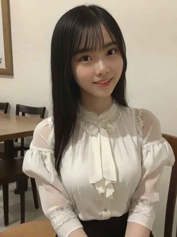 photo realistic, best quality, masterpiece, photo of over the knees, a Japanese pretty girl, bright skin:1.1, pretty face, symmetrical eyes, eye contact, smile, petit, small brest:1.2, flat chest, pretty blouse with frills and lace, skirt with frills and lace, in coffee shop, at the table, coffee cup, dynamic posing, dynamic angle, high saturated:1.2, bright lighting on face:1.3, cinematic lighting, 