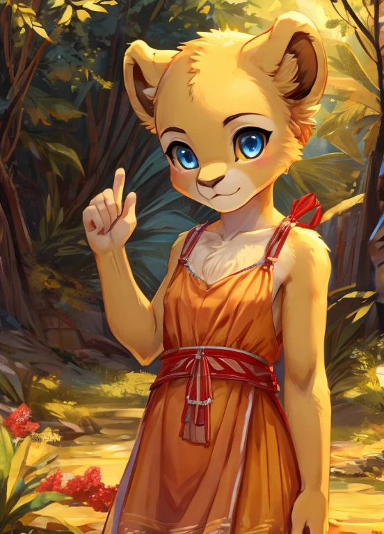 Lion Girl,Lana as a child,  Yellow fur Blue eyes,Orange Summer Dress, Alone