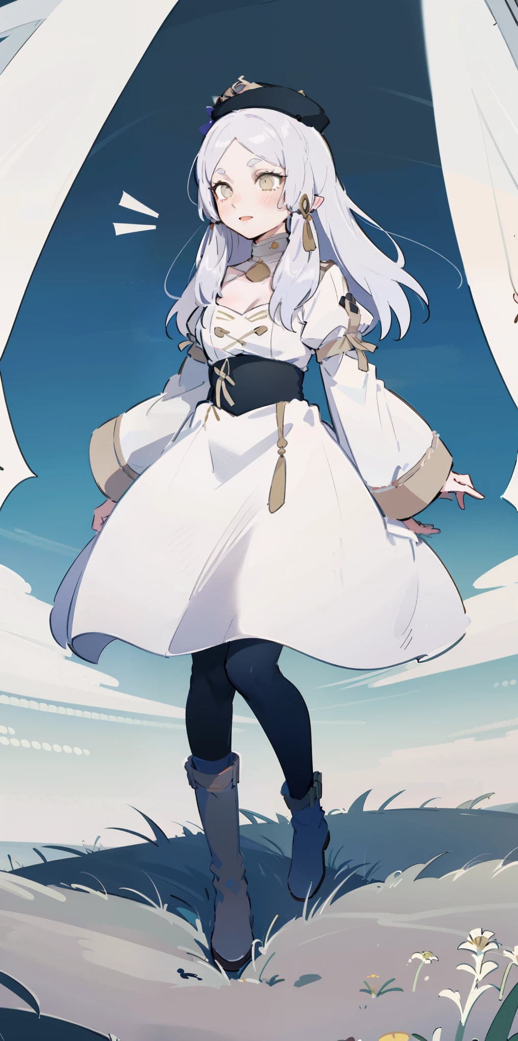 MamiAi, tomoe mami, yellow eyes, blonde hair, drill hair, twin drills, shiny, shiny hair, breasts, blush, smile, bangs, large breasts, magical girl, neck ribbon, hair ornament, ribbon, yellow ribbon, hairpin, skirt, shirt, thigh highs, long sleeves, hat, short sleeves, pleated skirt, boots, detached sleeves, striped, puffy sleeves, puffy short sleeves, zettai ryouiki, black headwear, beret, brown footwear, knee boots, feathers, corset, striped thigh highs, vertical stripes, high collar, brown thigh highs, yellow skirt, vertical-striped thigh highs, feguimel, soft shading, realistic proportions, absurdres, ultra detailed, masterpiece, best quality, aesthetic, detailed