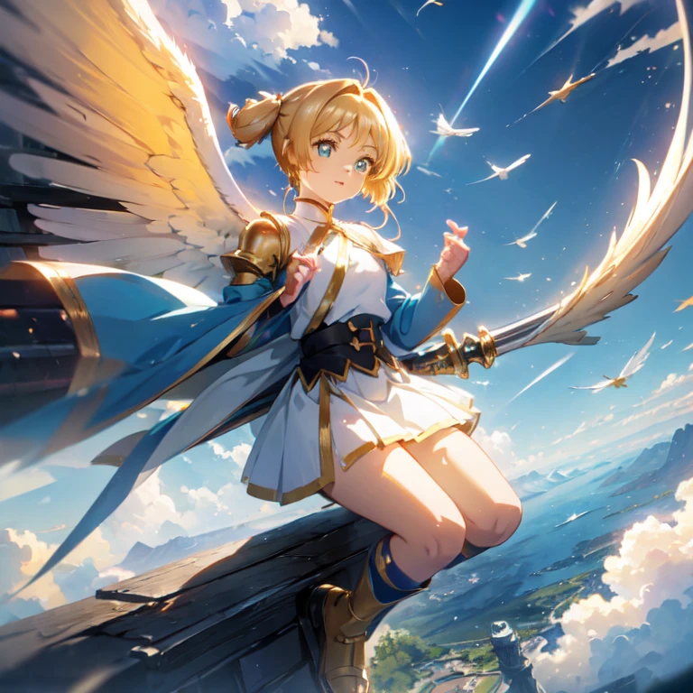 (((8k,masterpiece,Best Quality))), Highly detailed CG composition，Maxi Kit, whole body, Wide Shot,break、(((Cute angel flying in the blue sky))), Fantasy, Big angel wings, ,(blonde:1.6)，眩しいハイライトが入ったblondeの髪、Shiny bright hair, ,Long Hair,,Twin tails、Detailed face，Attractive big blue eyes，Shining beautiful eyes，Charming smile，Beautiful Skin，Lens Flare,Girl with angel wings and sword, Angel Knight Girl,Beautiful angel witch, Highly detailed ArtGerm, Detailed digital 3D art（（Ultra-realistic, Vivid 3D））， Dragon Warrior Girl，Dynamic action poses for battle scenes， Extremely complex and heavy fighter aircraft mechanical armament，Vice President of Lunes,, Single Armor, Decorative blue armor, Armor Dress, （Winged Helmet）, Shoulder rest, Gauntlet, Shin guards,（Wields a giant turquoise energy sword:1.3),Very dramatic and cinematic lighting。Beautifully detailed background, Beautifully detailed background, (In the blue sky above the clouds 1.3), ((Two big, Shining Wings:1.3),(flight:1.5)