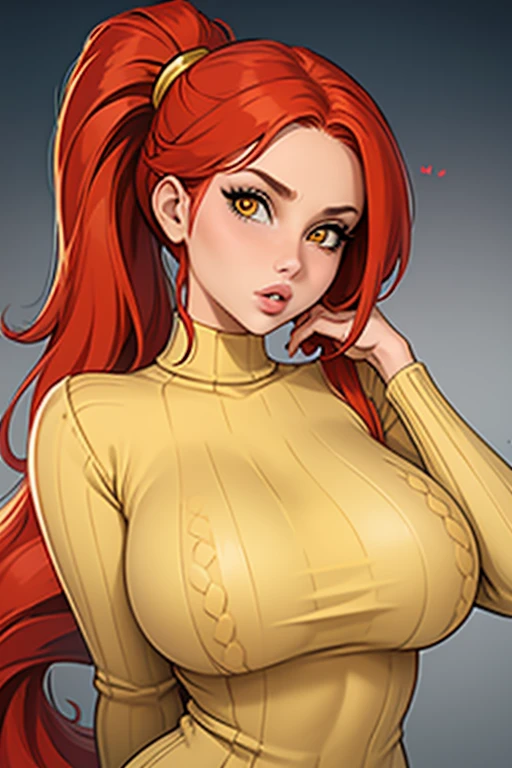 masterpiece, best quality, 1 , Alone, red hair, ponytails, very long hair, yellow eyes, high throat, ribbed sweater, sweater dress, upper body, parted lips, lips, mature woman, curve, hair elastic, Huge breasts, looking at viewer