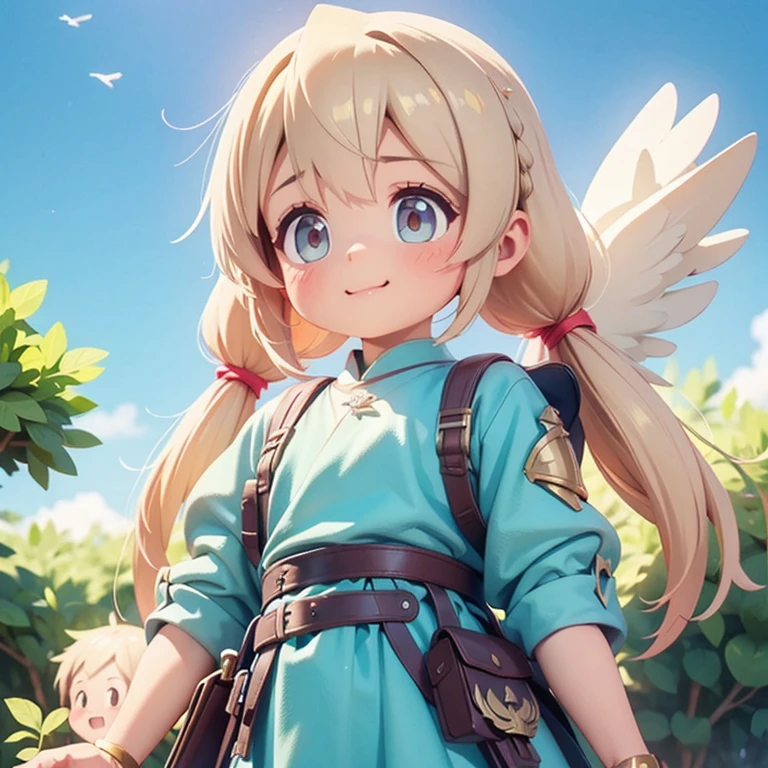 (((8k,masterpiece,Best Quality))), Highly detailed CG composition，Maxi Kit, whole body, Wide Shot,break、(((Cute angel flying in the blue sky))), Fantasy, Big angel wings, ,(blonde:1.6)，眩しいハイライトが入ったblondeの髪、Shiny bright hair, ,Long Hair,,Twin tails、Detailed face，Attractive big blue eyes，Shining beautiful eyes，Charming smile，Beautiful Skin，Lens Flare,Girl with angel wings and sword, Angel Knight Girl,Beautiful angel witch, Highly detailed ArtGerm, Detailed digital 3D art（（Ultra-realistic, Vivid 3D））， Dragon Warrior Girl，Dynamic action poses for battle scenes， Extremely complex and heavy fighter aircraft mechanical armament，Vice President of Lunes,, Single Armor, Decorative blue armor, Armor Dress, （Winged Helmet）, Shoulder rest, Gauntlet, Shin guards,（Wields a giant turquoise energy sword:1.3),Very dramatic and cinematic lighting。Beautifully detailed background, Beautifully detailed background, (In the blue sky above the clouds 1.3), ((Two big, Shining Wings:1.3),(flight:1.5)