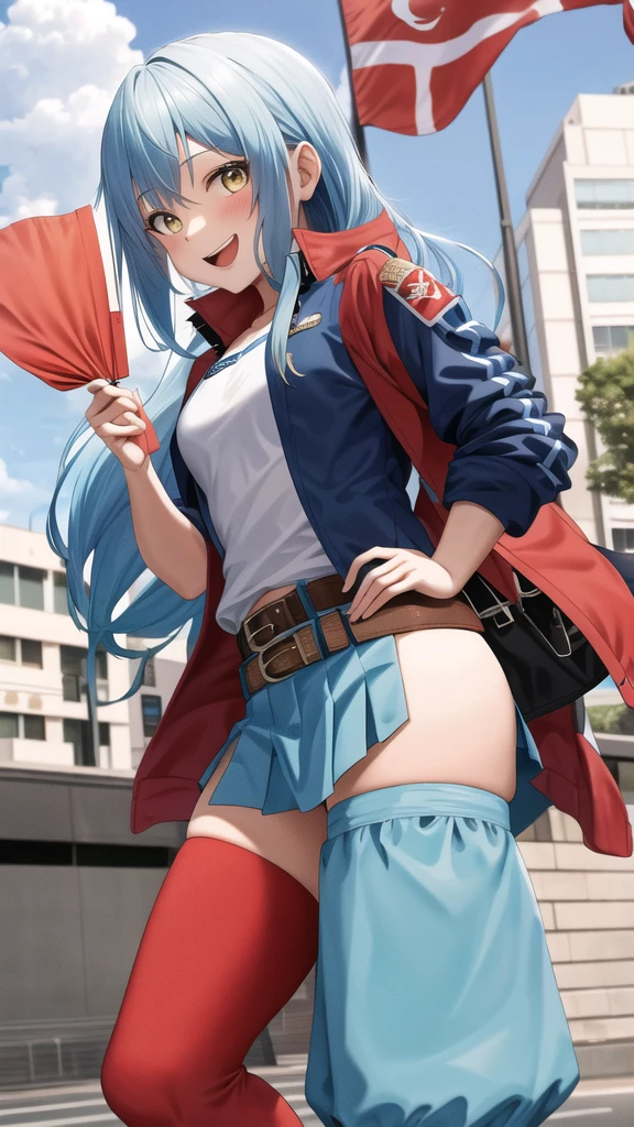 1 Female,High definition,high resolution,Ultra-realistic,8K, aaserena, yellow ponytail, ((multicolored hair)), red jacket, black shirt, belt, ((white skirt)), tight skirt,miniskirt ,jewelry,European,sexy,Upper body close-up,Photographed from the front,Dynamic Angles,blush, medium tits, happy, wink the eye,facial, sweat,multicolored hair ,((nipples)),(wide thighs:1.4),(white panties),(show panties),(from behind),(huge ass),(show ass),(blush), detailed face