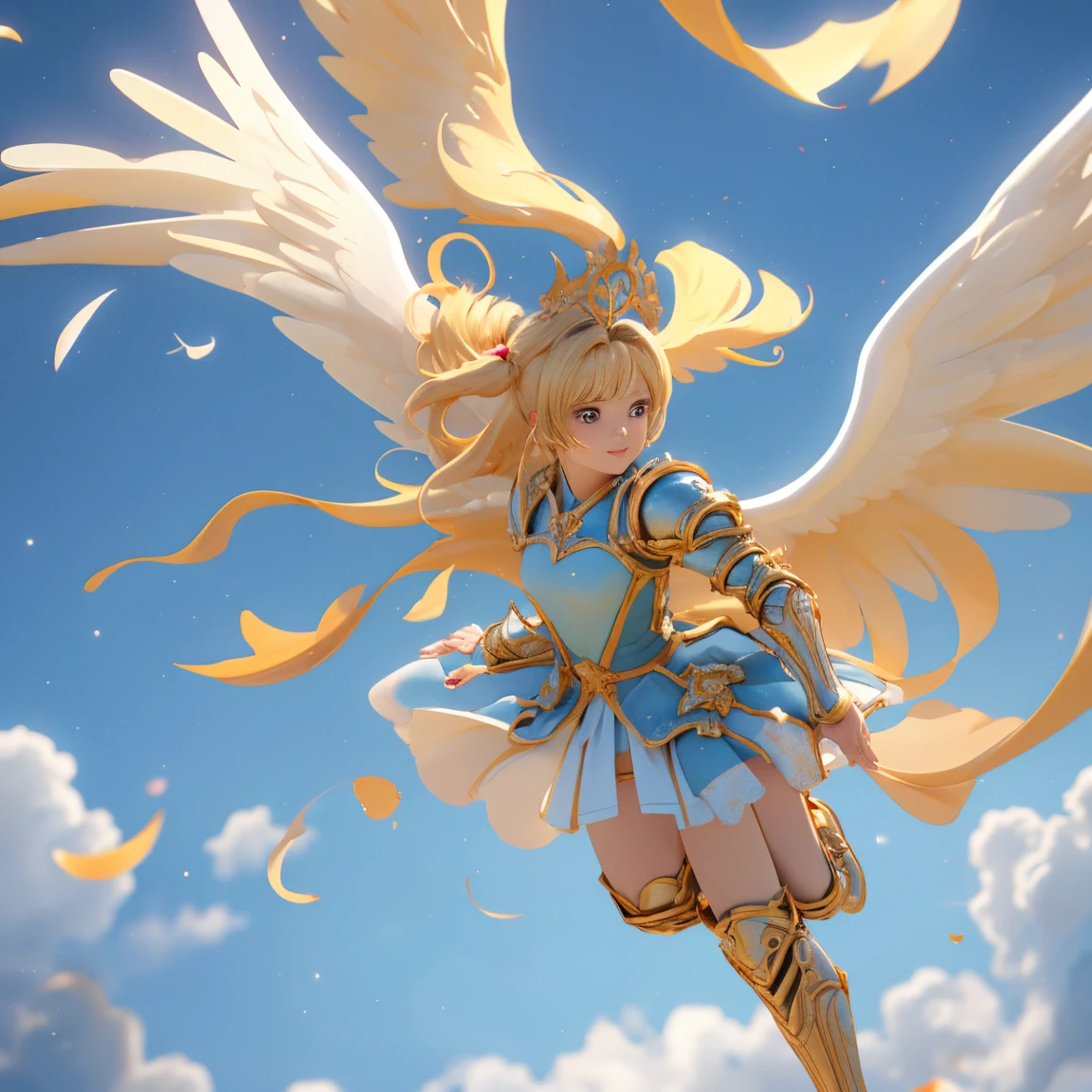 (((8k,masterpiece,Best Quality))), Highly detailed CG composition，Maxi Kit, whole body, Wide Shot,break、(((Cute angel flying in the blue sky))), Fantasy, Big angel wings, ,(blonde:1.6)，眩しいハイライトが入ったblondeの髪、Shiny bright hair, ,Long Hair,,Twin tails、Detailed face，Attractive big blue eyes，Shining beautiful eyes，Charming smile，Beautiful Skin，Lens Flare,Girl with angel wings and sword, Angel Knight Girl,Beautiful angel witch, Highly detailed ArtGerm, Detailed digital 3D art（（Ultra-realistic, Vivid 3D））， Dragon Warrior Girl，Dynamic action poses for battle scenes， Extremely complex and heavy fighter aircraft mechanical armament，Vice President of Lunes,, Single Armor, Decorative blue armor, Armor Dress, （Winged Helmet）, Shoulder rest, Gauntlet, Shin guards,（Wields a giant turquoise energy sword:1.3),Very dramatic and cinematic lighting。Beautifully detailed background, Beautifully detailed background, (In the blue sky above the clouds 1.3), ((Two big, Shining Wings:1.3),(flight:1.5)