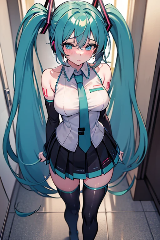 Hatsune Miku with big breasts walks through the hallway of a live concert with a blushing face and a painful, expressionless look on her face.