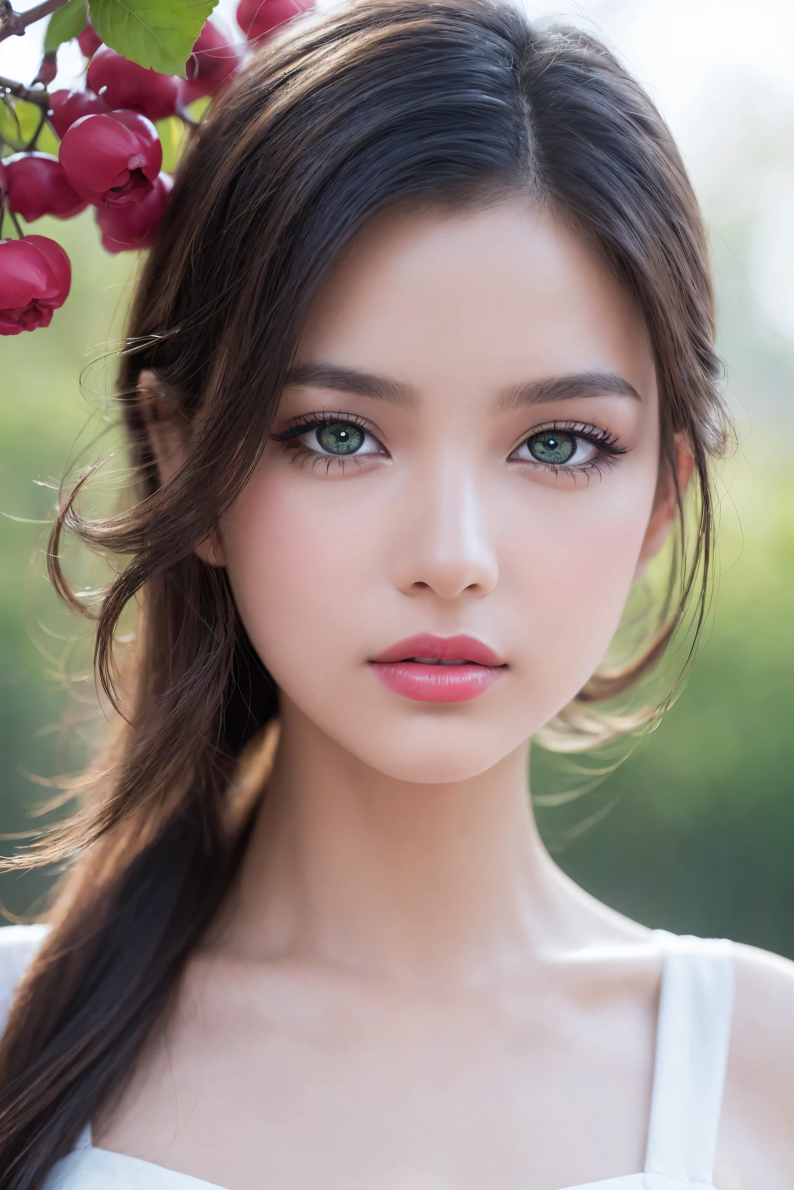 Quality\Realistic,(photorealistic Realism),(high resolution),((intricately detailed digital art)),ultra real texture skin,ultra real texture hair,ultra realisitic,ultra quality,professional photography.ray trace,golden ratio\), BRAKE , Famale\solo,1woman,20yo,(glamour shot of girl:1.2),(Super beautiful),(vivid and colorful), The attention to detail, focus of girl, dynamic pose, and ,flirty smile,dslr,high quality split lighting,sharp focus captured by Fujifilm XT3,f 5.6, in a dramatic lighting,(perfect composition\),Skin\(white,pale,smooth,silky,shiny\),Eyes\(sharp focus,Ultra resolution,absurd quality,clearly visible ultra details,no blurry,perfect round realistic light green_eyes:1.4),(extremely fine details eyes),((close up of a woman's eyes:1.2)),(perfect round eyes:1.4),(finely detailed pupils,(extremely fine details of pupils:1.3)),(extremely fine details of iris:1.3),((Vibrant eye digital art:delicately painted in mesmerizing array of colors:1.3)\),wear makeup\(professional makeup:1.34),(Thin eyebrows),Carefully draw Long eyelashes,(blue_lashes:1.33),((perfect dark_eyeshadows:1.44)),detailed lips:1.3,(apply glossy red_lipstick:1.25),(pink_makeup:1.35\),Costume\((random u%u top:1.35)\),(beautiful little nose),perfect proportions, anatomically correct,perfect female body,(firm and full :1.2), BREAK ,Background\(perfect composition),(outside,an orchard of blooming cherry trees),look at the viewer,