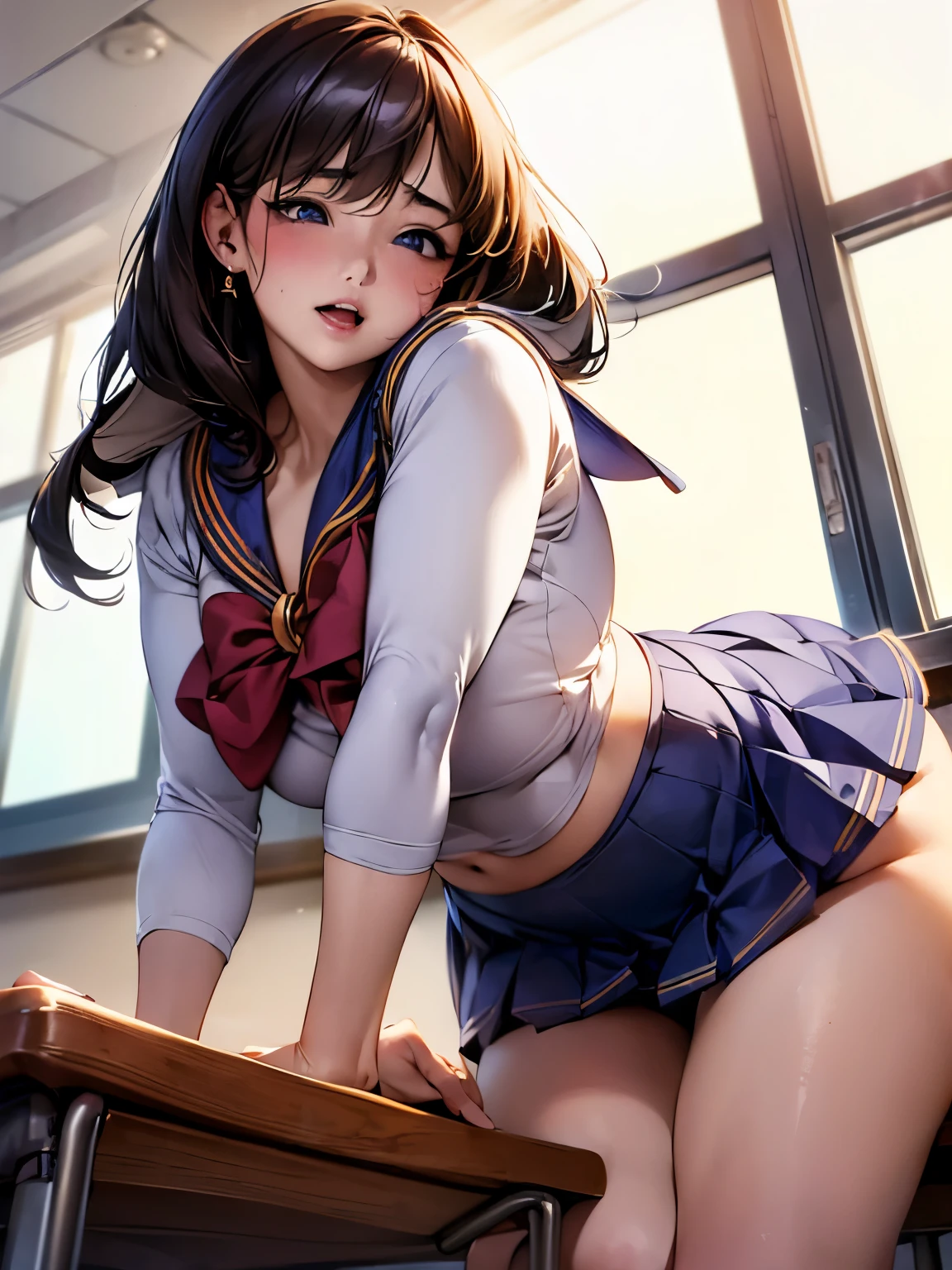 (((Sailor suit cosplay))),(Woman showing off her panties and pubic hair), Leg spread, Angle from below, (, Open your mouth, Droopy eyes, Round face), Realistic Skin, Mr.々Patterned hoodie and skirt with detailed crotch, sneakers, Downtown Alley, smile, Earrings,Moist texture、((School classroom、Sit on a desk))、(((Touching the groin、Masturbation)))、((Urinating、Peeing))、(Wet body)、(((48 years old、Beautiful mature woman)))