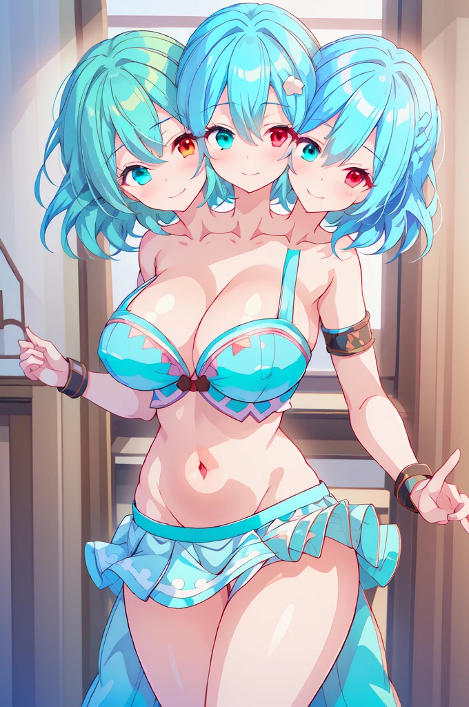 (masterpiece, best quality), best quality, (ultra-detailed), (3heads:1.5), 1girl, (kogasa tatara:1.3), masterpiece, best quality, ultra quality, ultra resolution, ultra detail, blue-green top, crop top, ((stomach)), midriff, ((groin)), light blue skirt, normal ears, shackles, turquoise hair, bob cut hair, short hair, sidelocks, one turquoise eye and one red eye, (heterochromia:1.5), (very detailed eyes:1.5), (very beautiful eyes:1.5), (pretty eyes:1.5), parted lips, smiling, soft smile, cute smile, cute, toned belly, hand on own chest, eyelashes, (2 woman:1.3), (masterpiece:1.5), (best quality:1.5), (beautiful detailed), extremely detailed CG, extremely delicate and beautiful, depth of field, (finely detailed face), (perfect details:1.3), (mature female:1.3), wide pelvis, slender, large veiny breast, 16k resolution, highres, high quality, high definition, extremely detailed, masterpiece, turquoise hair, long hair, alluring presence, braid, short skirt, close up, very big breasts, huge breasts, young, girl with three heads, three headed girl,
