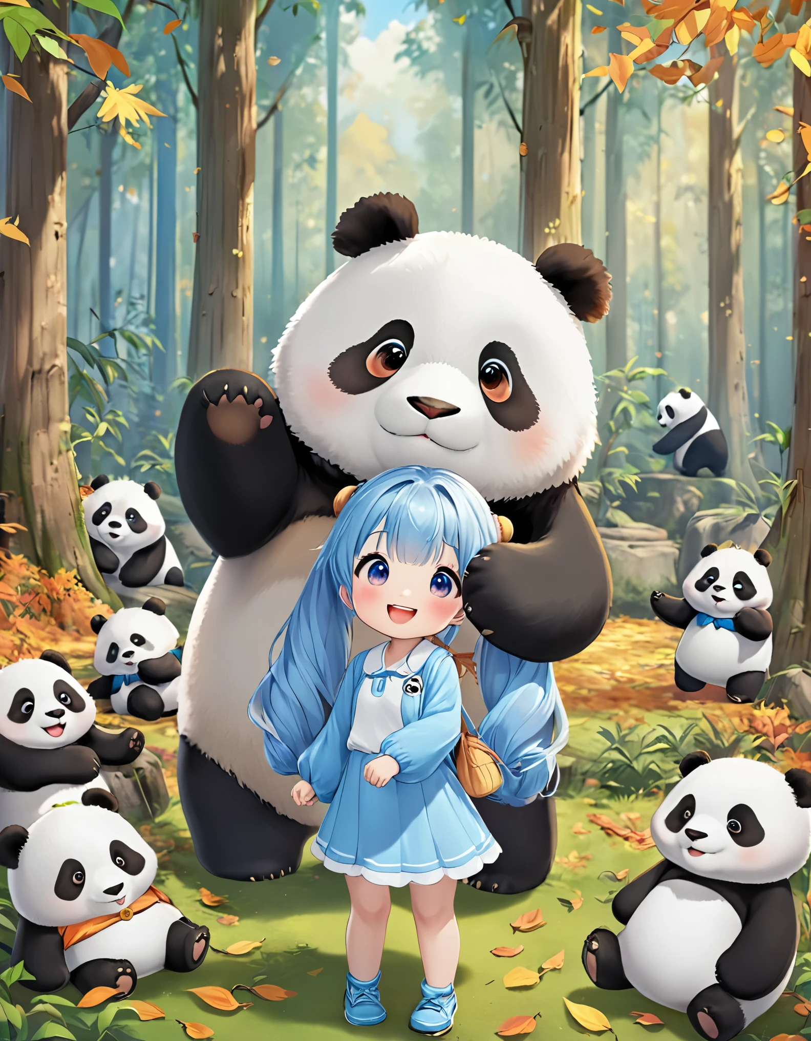 Light blue long hair、Beautiful girl with twin tails、In the bright autumn forest、There is a big cute panda、Smiling and making friends with the pandas