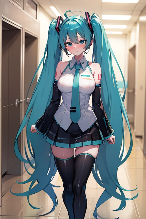 Hatsune Miku with big breasts walks through the hallway of a live concert with a blushing face and a painful, expressionless look on her face.