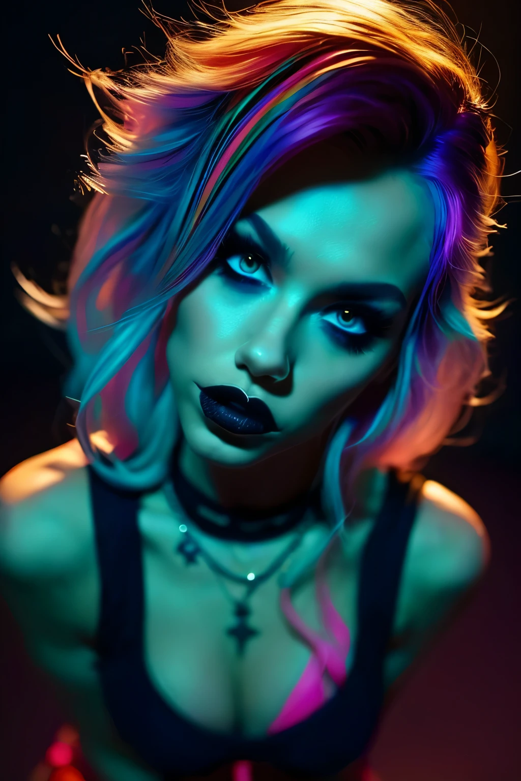 beautiful Rocket girl with Nordic features, upturned nose, wearing a Heavy metal clothes, chains, spike, fishnet leggings, eyes looking up, top view. (((dark ambient, colorful lighting))).