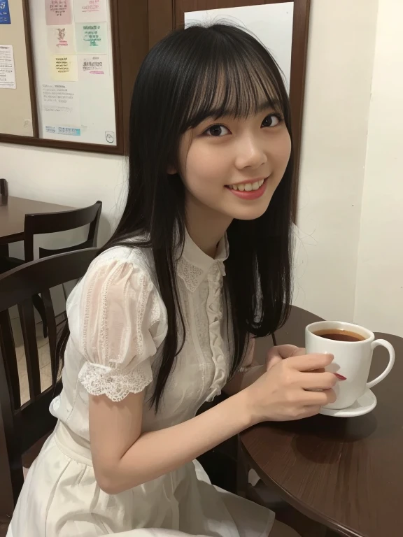 photo realistic, best quality, masterpiece, photo of over the knees, a Japanese pretty girl, bright skin:1.1, pretty face, symmetrical eyes, eye contact, smile, petit, small brest:1.2, flat chest, pretty blouse with frills and lace, skirt with frills and lace, in coffee shop, at the table, coffee cup, dynamic posing, dynamic angle, high saturated:1.2, bright lighting on face:1.3, cinematic lighting, 