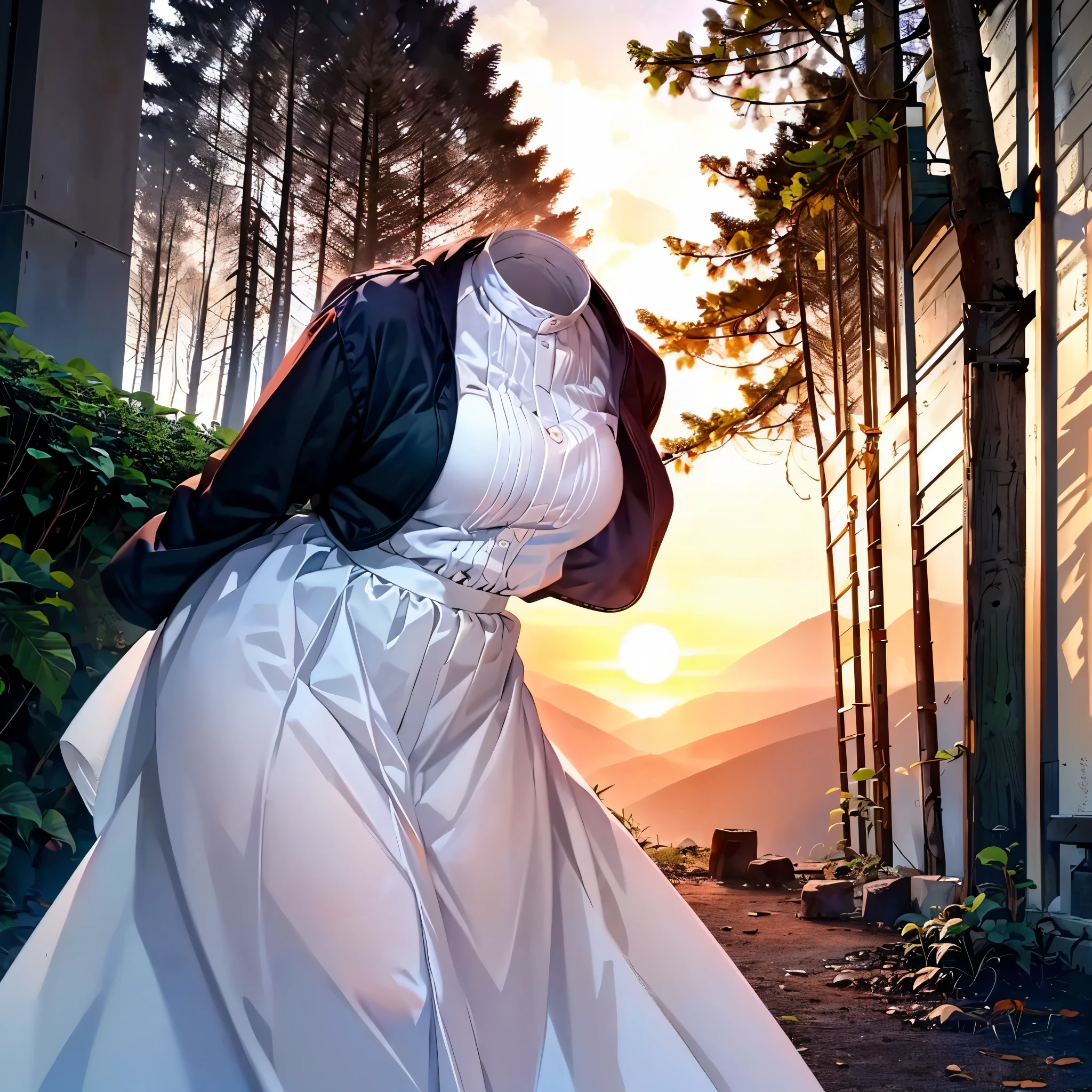 1girl, (invisible:1.5, no humans:1.5, headless:1.5, faceless:1.5), aafern, large breasts, long dress, white dress, black robe, long sleeves, (close-up shot of breasts), (8k, RAW photo, best quality, masterpiece:1.2), (realistic, photo-realistic:1.37), photon mapping, radiosity, ((Hasselblad photography)), physically-based rendering, leaning forward, in forest, beautiful sunset