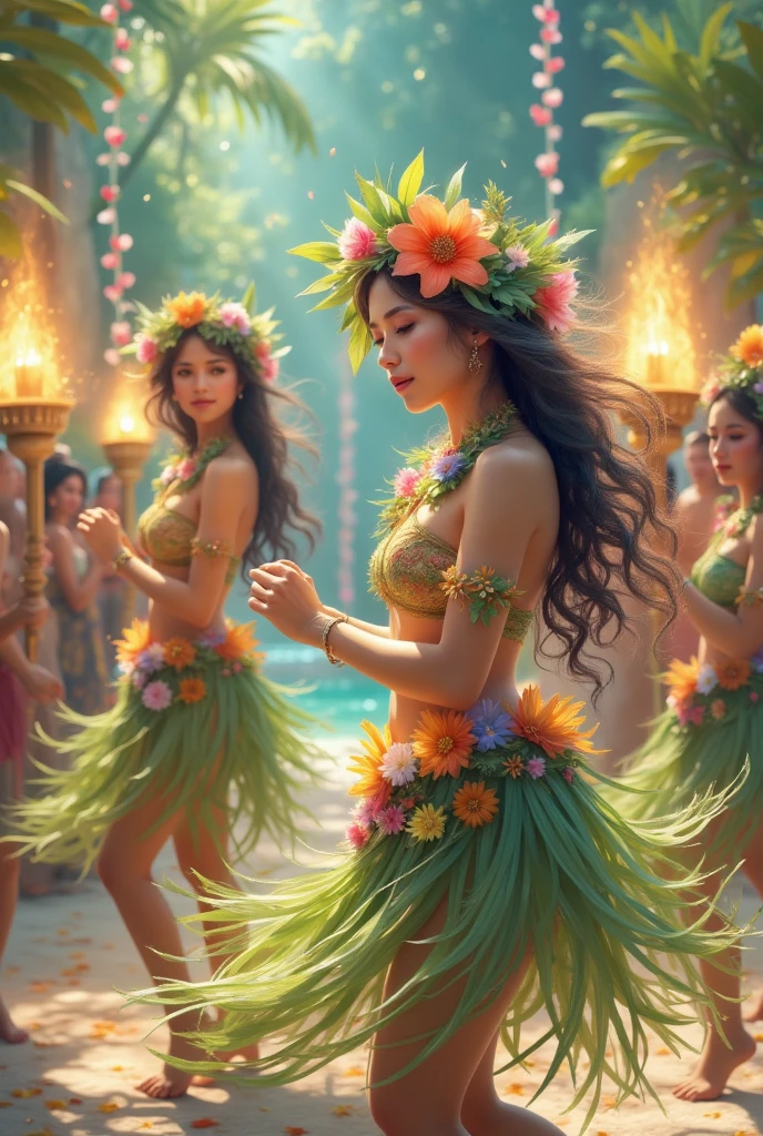 A scene from a traditional Hawaiian festival. In this scene, hula dancers wearing colorful leis and skirts are happily dancing in front of an audience. Torches and festive decorations are added around them to emphasize the festive atmosphere.