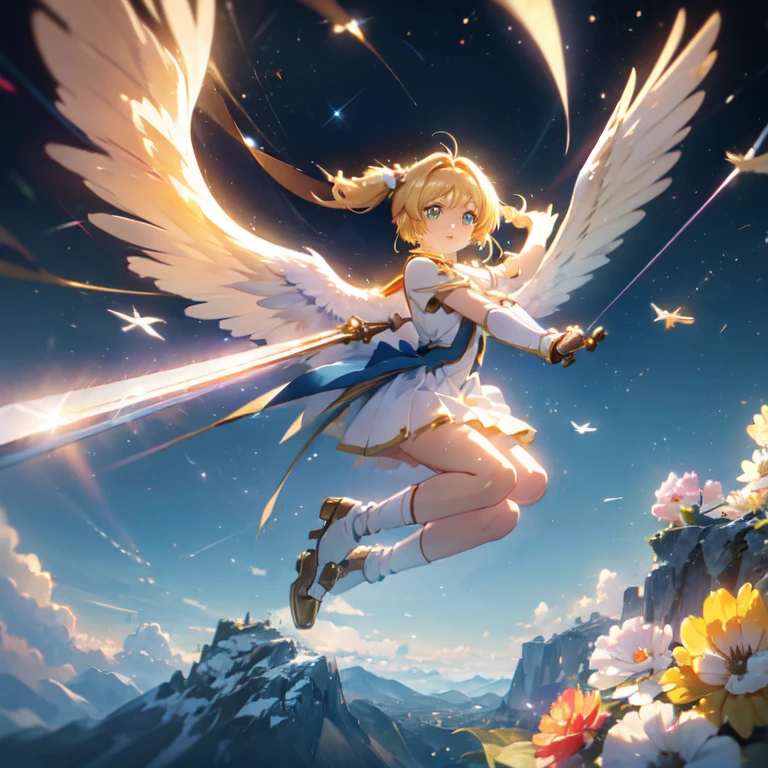 (((8k,masterpiece,Best Quality))), Highly detailed CG composition，Maxi Kit, whole body, Wide Shot,break、(((Cute angel flying in the blue sky))), Fantasy, Big angel wings, ,(blonde:1.6)，眩しいハイライトが入ったblondeの髪、Shiny bright hair, ,Long Hair,,Twin tails、Detailed face，Attractive big blue eyes，Shining beautiful eyes，Charming smile，Beautiful Skin，Lens Flare,Girl with angel wings and sword, Angel Knight Girl,Beautiful angel witch, Highly detailed ArtGerm, Detailed digital 3D art（（Ultra-realistic, Vivid 3D））， Dragon Warrior Girl，Dynamic action poses for battle scenes， Extremely complex and heavy fighter aircraft mechanical armament，Vice President of Lunes,, Single Armor, Decorative blue armor, Armor Dress, （Winged Helmet）, Shoulder rest, Gauntlet, Shin guards,（Wields a giant turquoise energy sword:1.3),Very dramatic and cinematic lighting。Beautifully detailed background, Beautifully detailed background, (In the blue sky above the clouds 1.3), ((Two big, Shining Wings:1.3),(flight:1.5)