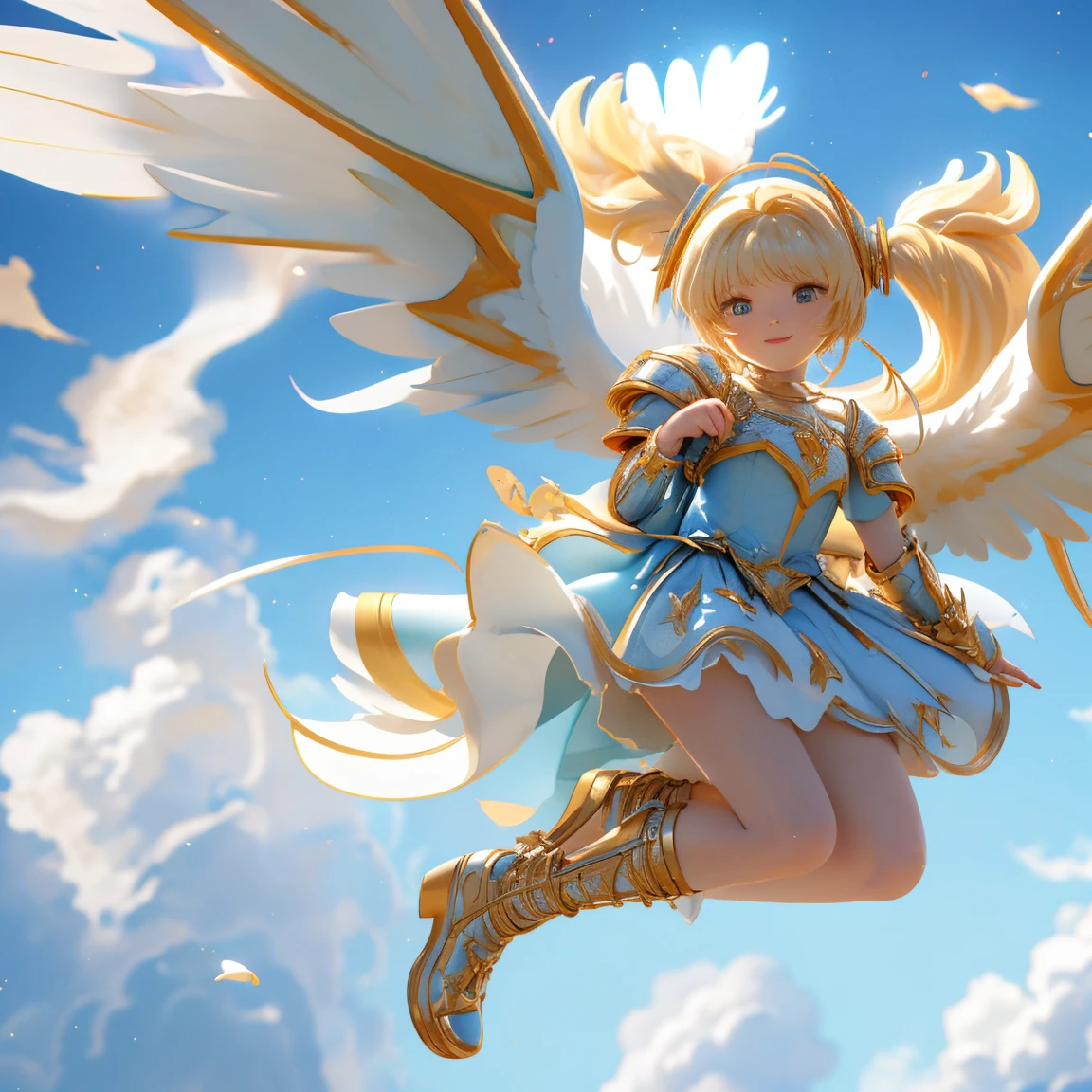 (((8k,masterpiece,Best Quality))), Highly detailed CG composition，Maxi Kit, whole body, Wide Shot,break、(((Cute angel flying in the blue sky))), Fantasy, Big angel wings, ,(blonde:1.6)，眩しいハイライトが入ったblondeの髪、Shiny bright hair, ,Long Hair,,Twin tails、Detailed face，Attractive big blue eyes，Shining beautiful eyes，Charming smile，Beautiful Skin，Lens Flare,Girl with angel wings and sword, Angel Knight Girl,Beautiful angel witch, Highly detailed ArtGerm, Detailed digital 3D art（（Ultra-realistic, Vivid 3D））， Dragon Warrior Girl，Dynamic action poses for battle scenes， Extremely complex and heavy fighter aircraft mechanical armament，Vice President of Lunes,, Single Armor, Decorative blue armor, Armor Dress, （Winged Helmet）, Shoulder rest, Gauntlet, Shin guards,（Wields a giant turquoise energy sword:1.3),Very dramatic and cinematic lighting。Beautifully detailed background, Beautifully detailed background, (In the blue sky above the clouds 1.3), ((Two big, Shining Wings:1.3),(flight:1.5)