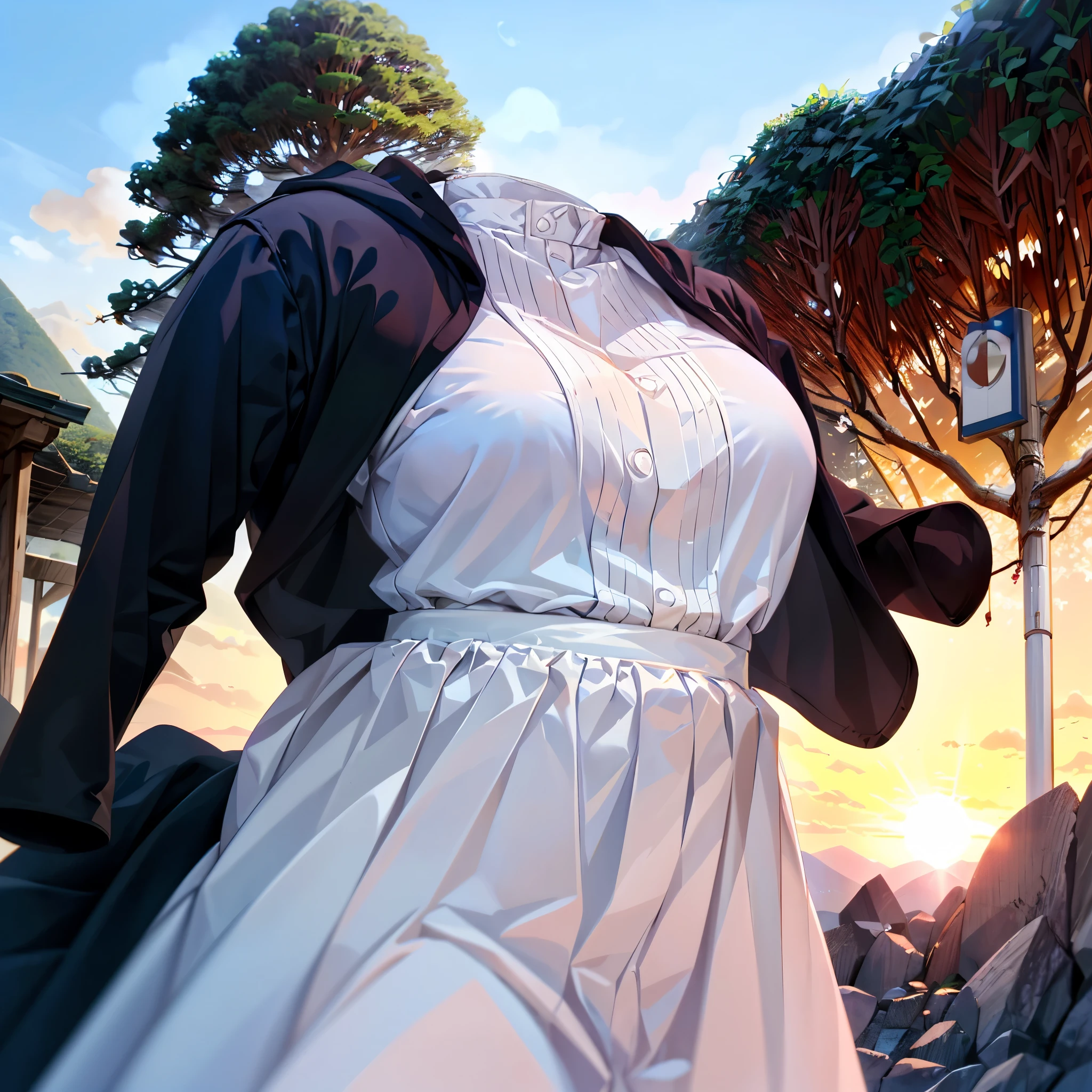 1girl, (invisible:1.5, no humans:1.5, headless:1.5, faceless:1.5), aafern, large breasts, long dress, white dress, black robe, long sleeves, (close-up shot of breasts), (8k, RAW photo, best quality, masterpiece:1.2), (realistic, photo-realistic:1.37), photon mapping, radiosity, ((Hasselblad photography)), physically-based rendering, leaning forward, in forest, beautiful sunset