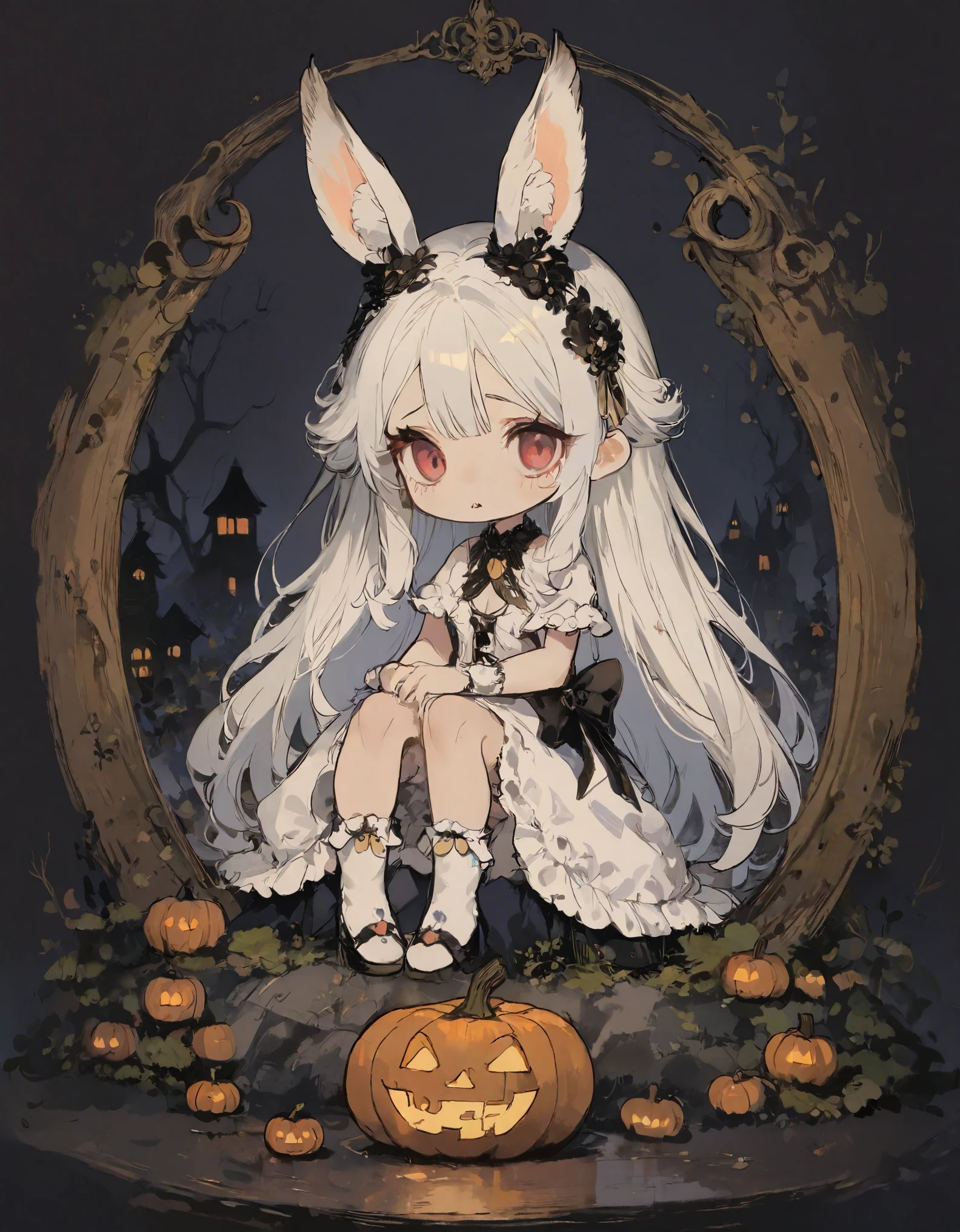 (solo:1.2),1girl\((chibi:1.6),cute,kawaii,,(white hair:1.7),(very long hair:1.7),bangs,(ear\(fluffy white bunny-ear\):1.4),(1 bunny tail:1.3),(red eye),big eye,beautiful shiny eye,skin color white,big hairbow,(white frilled dress:1.3),breast, (wearing jack-o'-lantern headgear:1.4)\), BREAK ,background\(dark woods, dead trees, horror mood, Halloween night\), quality\(8k,wallpaper of extremely detailed CG unit, masterpiece,hight resolution,top-quality,top-quality real texture skin,hyper realisitic,increase the resolution,RAW photos,best qualtiy,highly detailed,the wallpaper,golden ratio\), BREAK , BREAK ,quality\(masterpiece, best quality,8k,wallpaper of extremely detailed CG unit, high resolution, top-quality, top-quality real texture skin, hyper realistic, increase the resolution, RAW photos, best quality, highly detailed, the wallpaper,golden ratio,high saturation realism, vibrant colors, dramatic lighting, persuasive storytelling, atmospheric scenery, captivating visuals, intricate details, strong emotions,dreamlike world\)