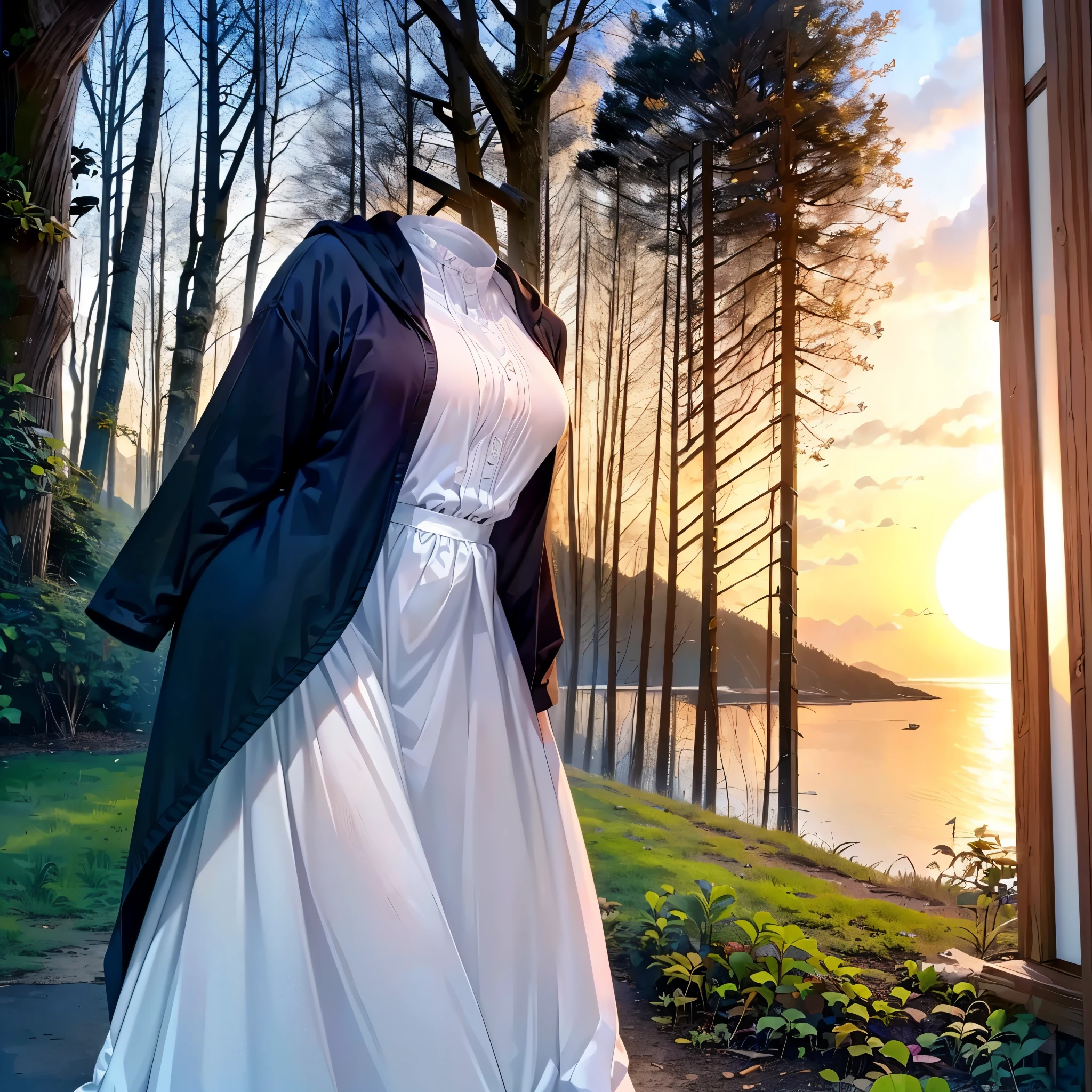 1girl, (invisible:1.5, no humans:1.5, headless:1.5, faceless:1.5), aafern, large breasts, long dress, white dress, black robe, long sleeves, (close-up shot of breasts), (8k, RAW photo, best quality, masterpiece:1.2), (realistic, photo-realistic:1.37), photon mapping, radiosity, ((Hasselblad photography)), physically-based rendering, leaning forward, in forest, beautiful sunset