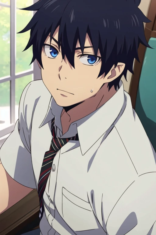 masterpiece, best quality, , 1boy, solo, male focus, looking at viewer, , , rin_okumura, black hair, blue eyes, ,