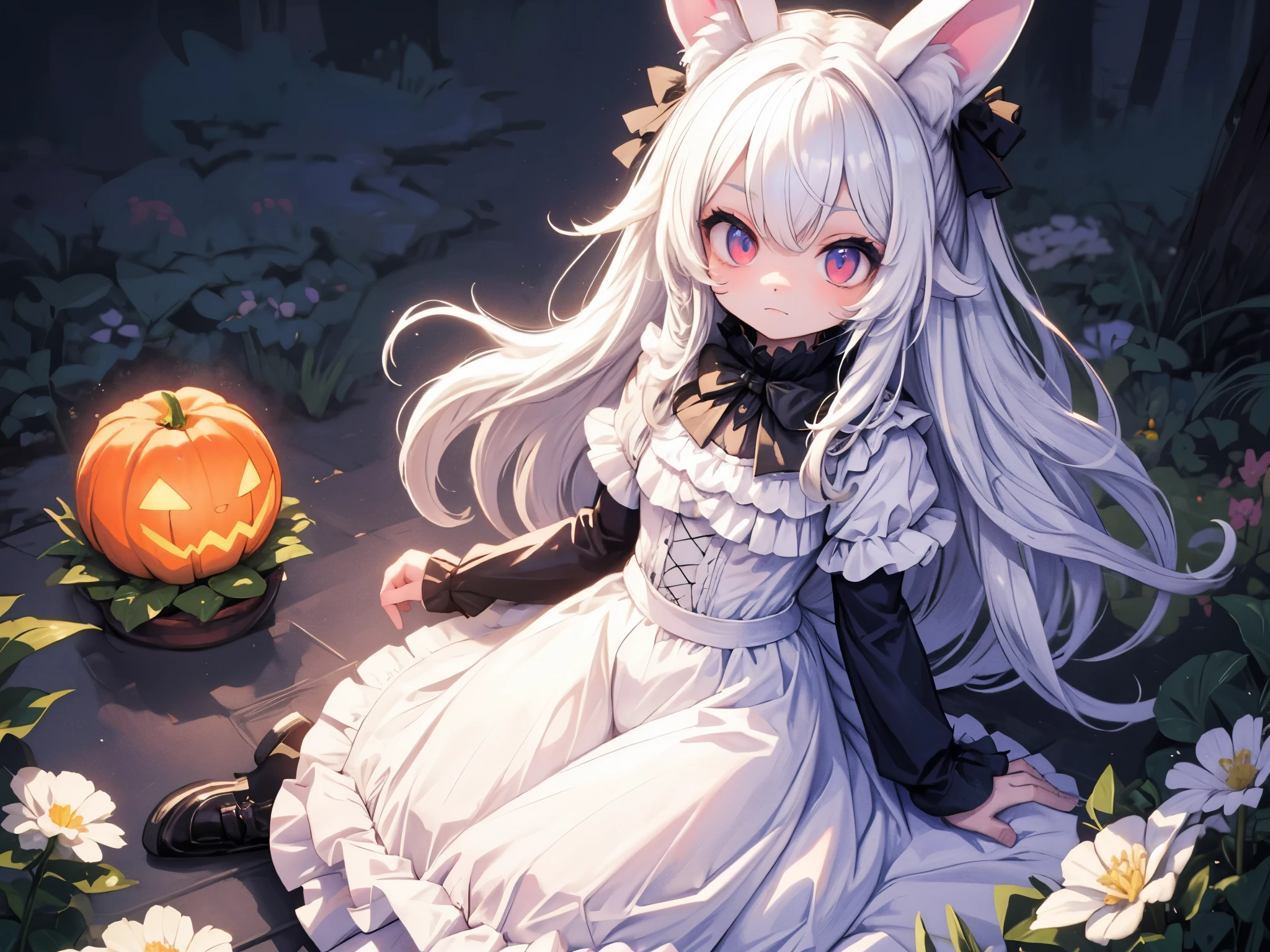 solo,1girl\((chibi:1.6),cute,kawaii,small kid,(white hair:1.7),(very long hair:1.7),bangs,(ear\(fluffy white bunny-ear\):1.4),(1 bunny tail:1.3),(red eye),big eye,beautiful shiny eye,skin color white,big hairbow,(white frilled dress:1.3),breast, wearing jack-o'-lantern headdress\), BREAK ,background\(dark woods, dead trees, horror mood, Halloween night\), quality\(8k,wallpaper of extremely detailed CG unit, ​masterpiece,hight resolution,top-quality,top-quality real texture skin,hyper realisitic,increase the resolution,RAW photos,best qualtiy,highly detailed,the wallpaper,golden ratio\), BREAK , BREAK ,quality\(masterpiece, best quality,8k,wallpaper of extremely detailed CG unit, high resolution, top-quality, top-quality real texture skin, hyper realistic, increase the resolution, RAW photos, best quality, highly detailed, the wallpaper,golden ratio,high saturation realism, vibrant colors, dramatic lighting, persuasive storytelling, atmospheric scenery, captivating visuals, intricate details, strong emotions,dreamlike world\)