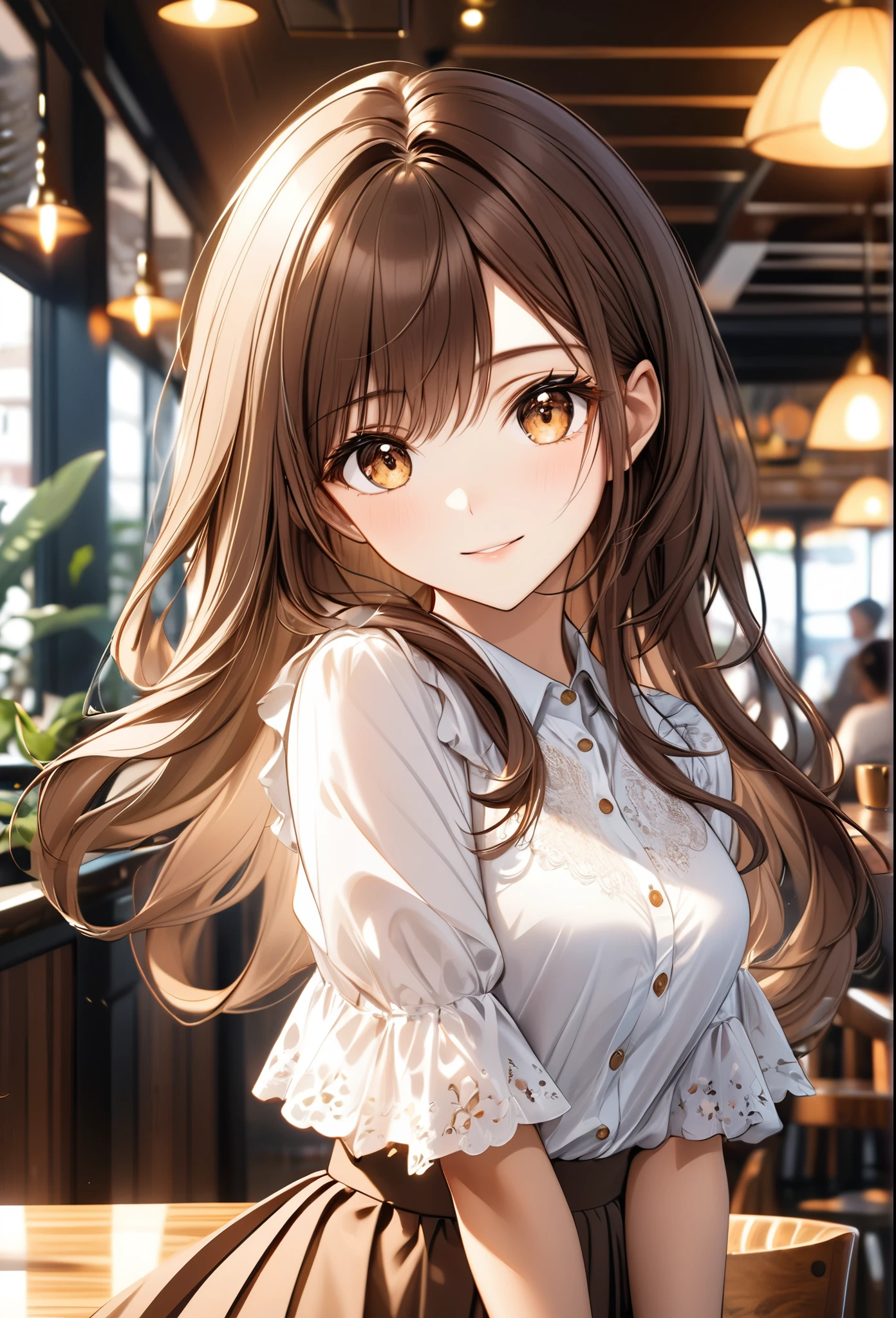 Anime girl with long brown hair and white blouse posing in a restaurant ...