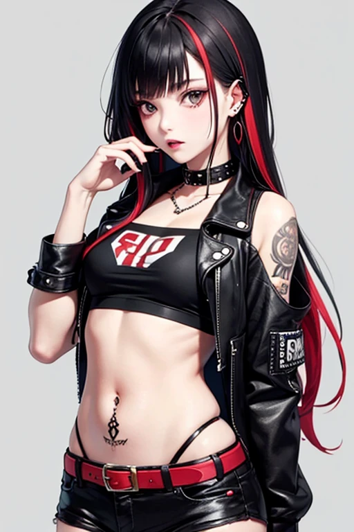 young girl, Long black hair tied into two ponytails, Pink eyes, punk, Leather jacket, Skirt, Open abdomen, Open breasts, Masterpiece, High quality