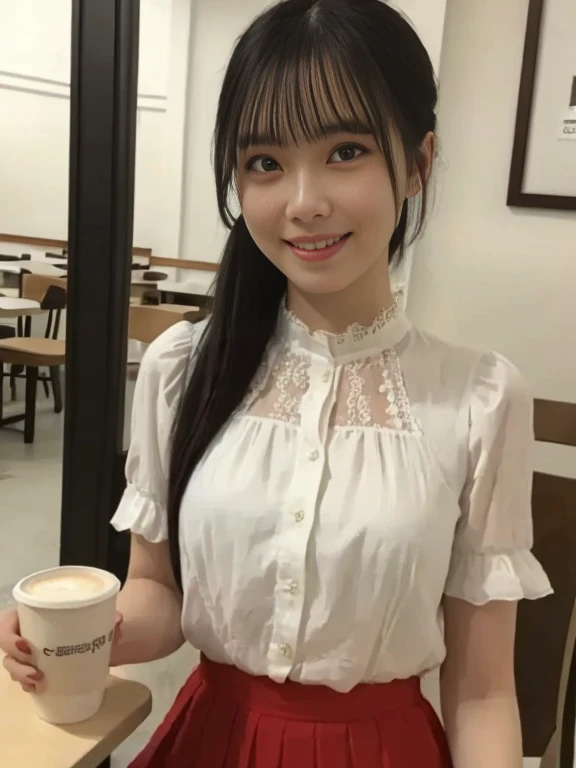 photo realistic, best quality, masterpiece, photo of over the knees, a Japanese pretty girl, bright skin:1.1, pretty face, symmetrical eyes, eye contact, pony tail, smile, petit, small brest:1.2, flat chest, pretty blouse with frills and lace, skirt with frills and lace, in coffee shop, at the table, coffee cup, dynamic posing, dynamic angle, high saturated:1.2, bright lighting on face:1.3, cinematic lighting, 