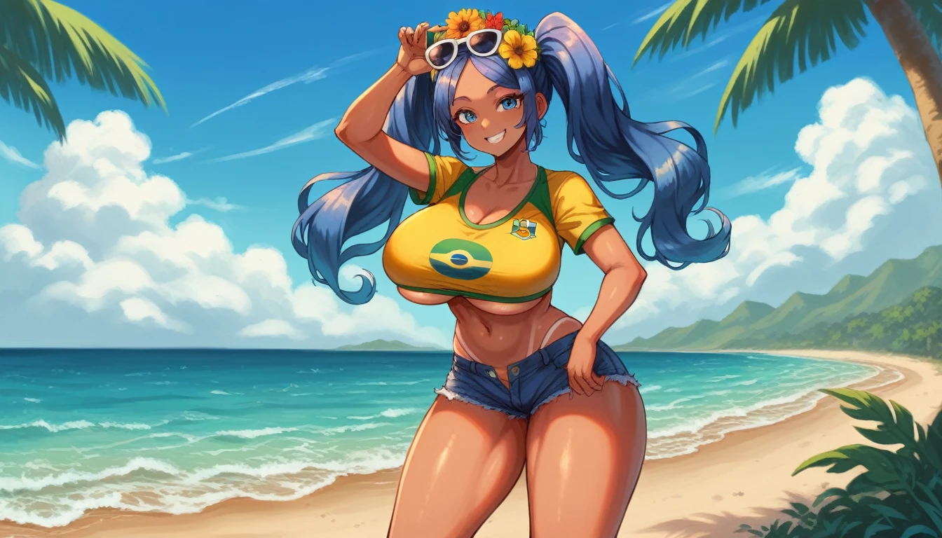 Brazilian Miku, dark skin, Brazilian sportswear, blue big twin ponytails, Super huge big breasts breast enlargement, standing alone on the beach with blue eyes, floral headdress, sunglasses on forehead, holding Brazilian soda in hand, tanned denim shorts, full-body shot, shy smile, ultra-detailed, HDR, vibrant colors, soft lighting shot