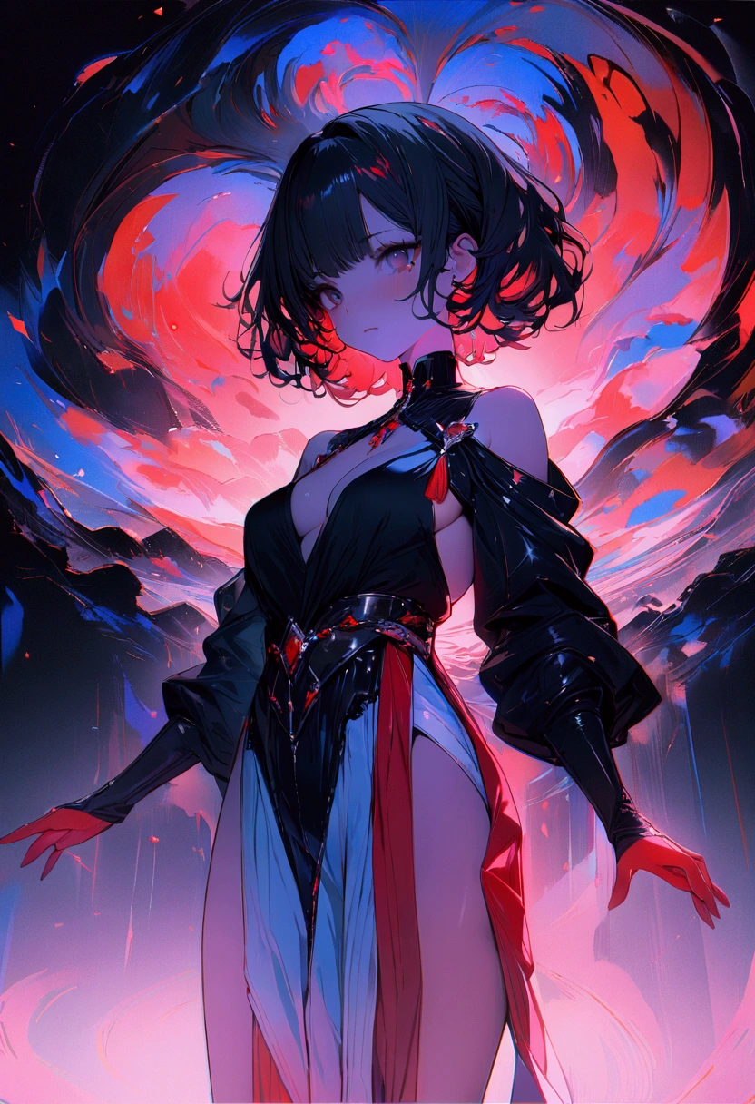 absurdres, RAW photo, extremely delicate and beautiful, masterpiece, Best Quality, ultra high resolution, 32k, hyperrealistic, ultra-detailed, delicate facial features, beautiful detailed woman, tearful mole, earring, medium breasts, full body shot, medium hair, black hair, fire witch, blood, light particles, light rays, high contrast, colorful,